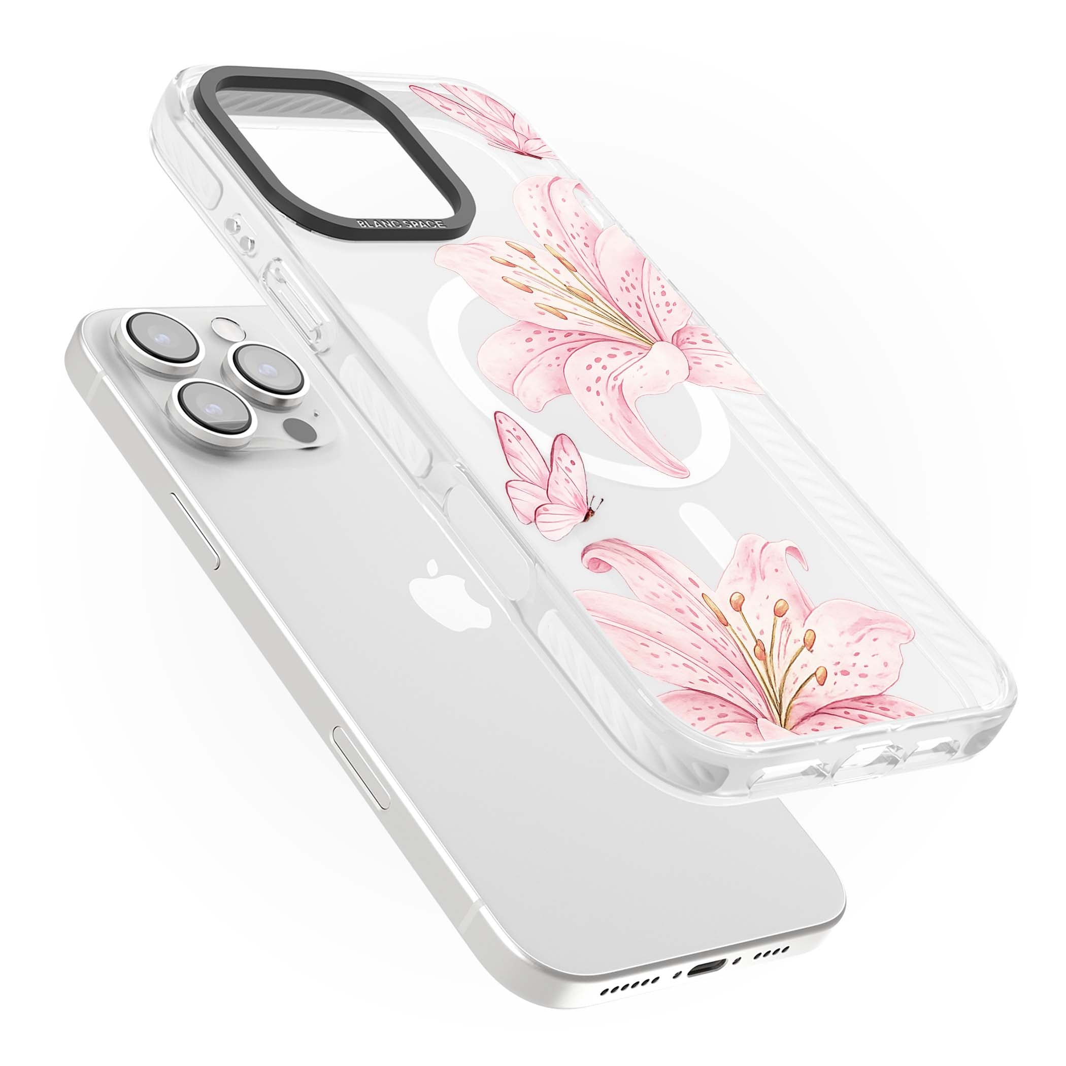 Lily Whisper floral iPhone case featuring pink watercolour lilies and delicate butterflies on a clear background | Impact Magsafe case for iPhone 16 Pro, iPhone 16 Pro Max