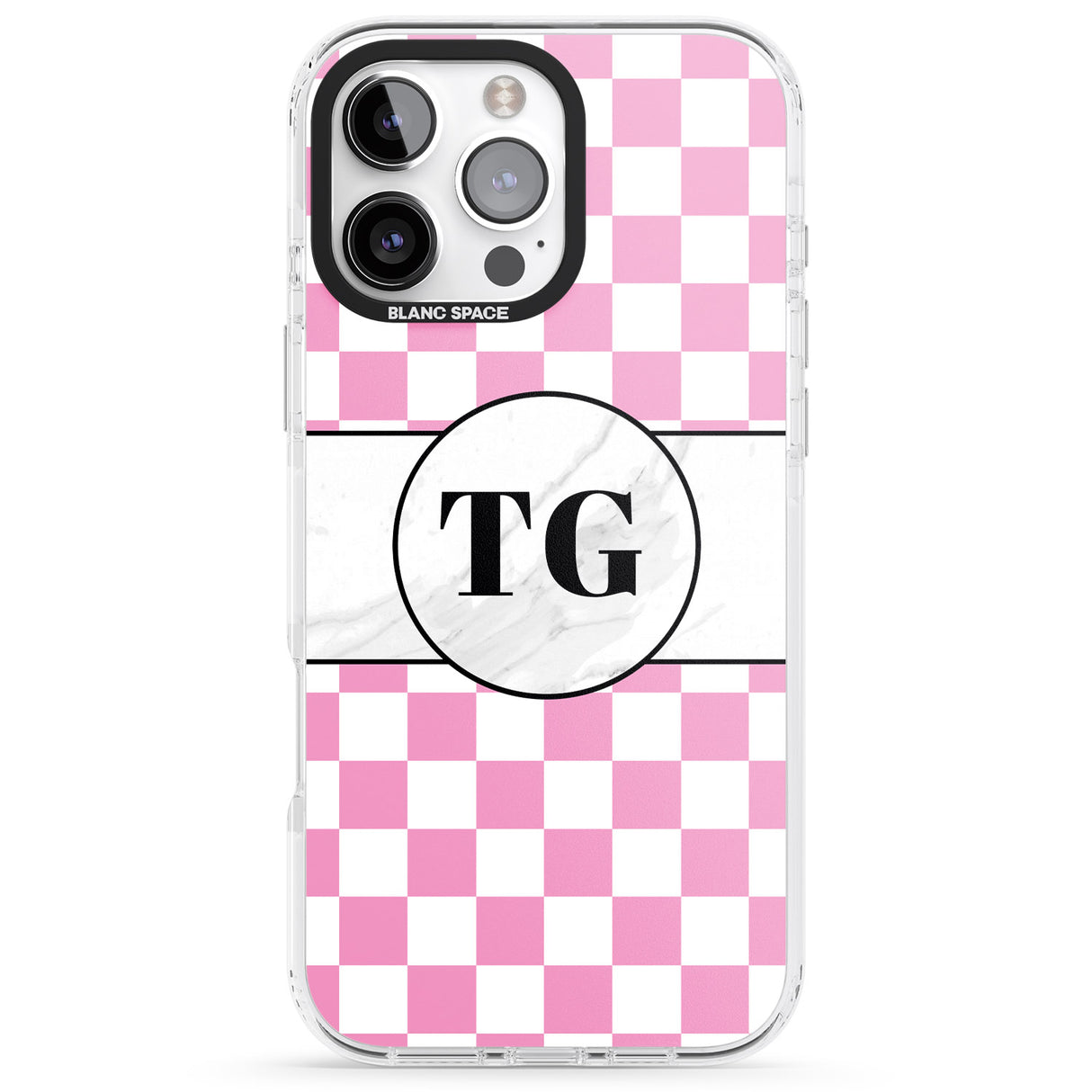 iPhone 16 Pro Max Personalised Monogrammed Pink Check Black Impact Phone Case