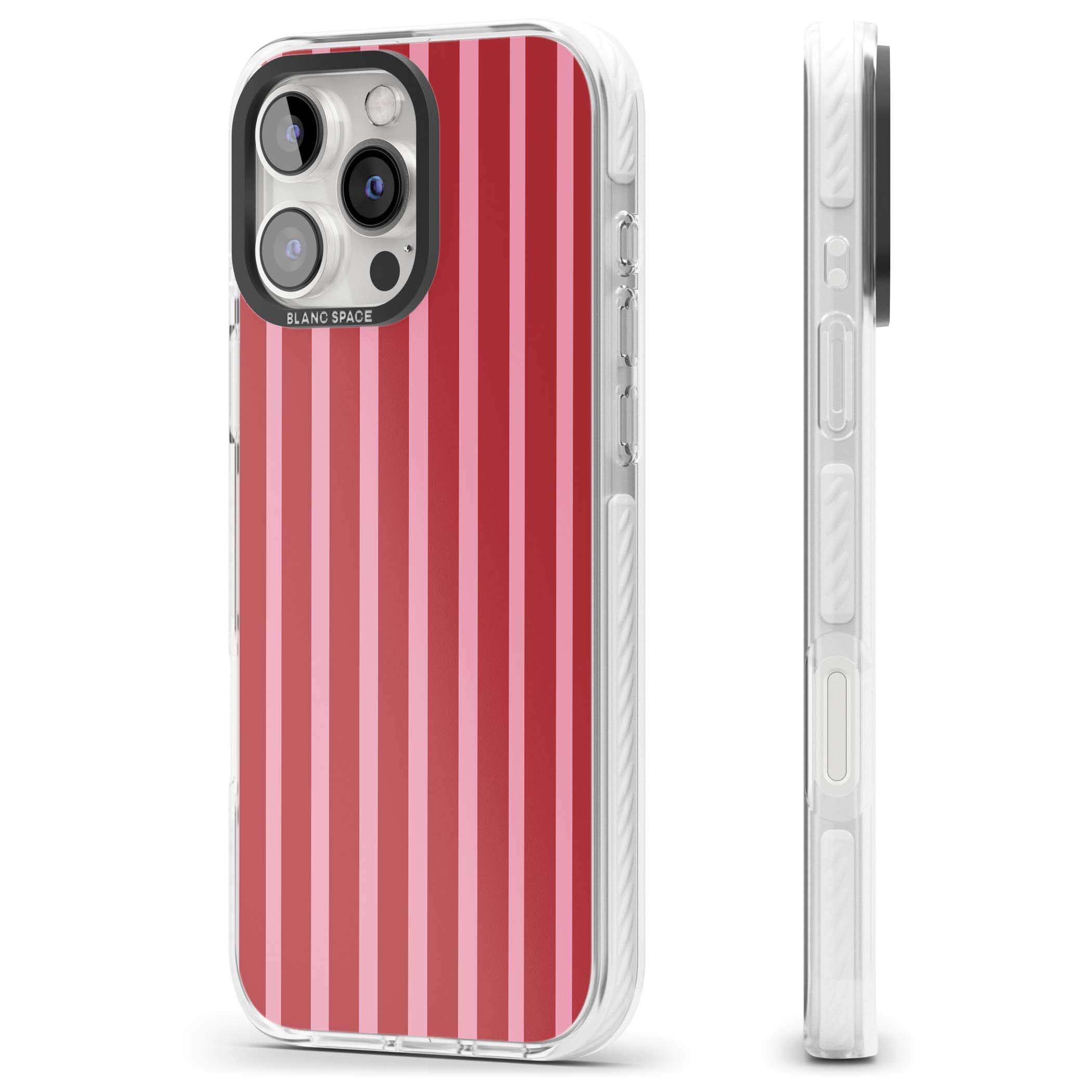 Raspberry Stripe coquette iPhone case featuring red and pink vertical stripes in a candy-inspired pattern | Impact Magsafe case for iPhone 16 Pro, iPhone 16 Pro Max