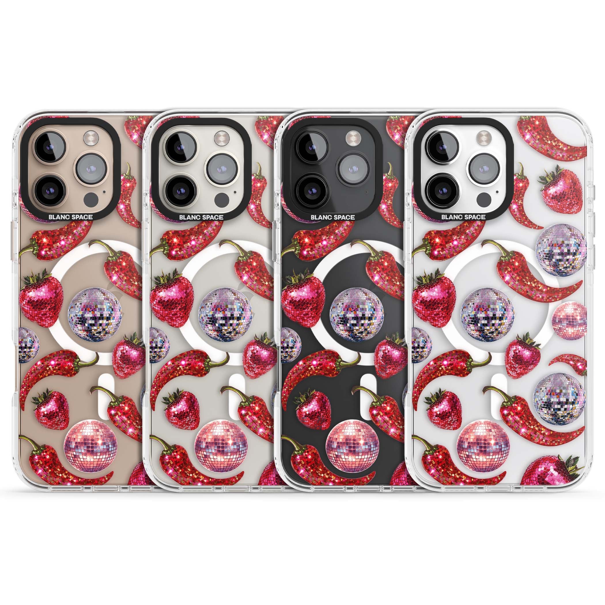 Spicy Disco Y2K iPhone case featuring glitter disco balls, sparkly strawberries and red chilli peppers | Impact Magsafe case for iPhone 16 Pro, iPhone 16 Pro Max