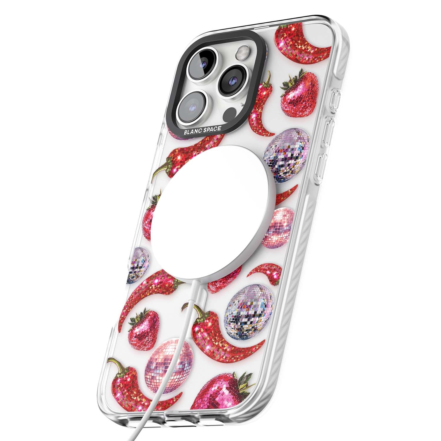 Spicy Disco Y2K iPhone case featuring glitter disco balls, sparkly strawberries and red chilli peppers | Impact Magsafe case for iPhone 16 Pro, iPhone 16 Pro Max