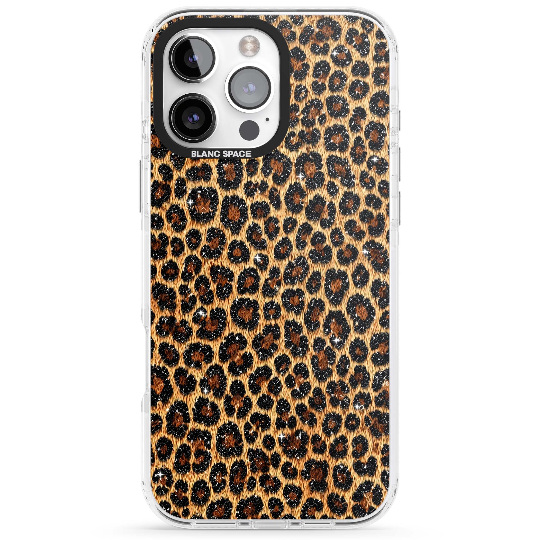Diamond Leopard leopard print iPhone case featuring golden tan fur, black rosette spots and subtle glitter sparkle | Impact Magsafe case for iPhone 16 Pro, iPhone 16 Pro Max