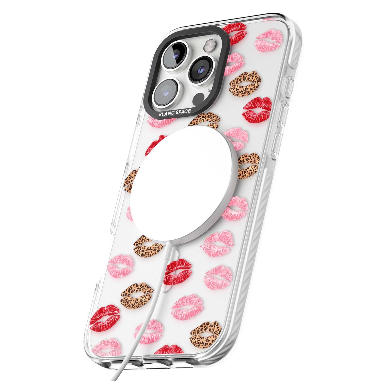 Wild Kisses coquette iPhone case featuring red, pink and leopard print lipstick kiss marks on a clear background | Impact Magsafe case for iPhone 16 Pro, iPhone 16 Pro Max