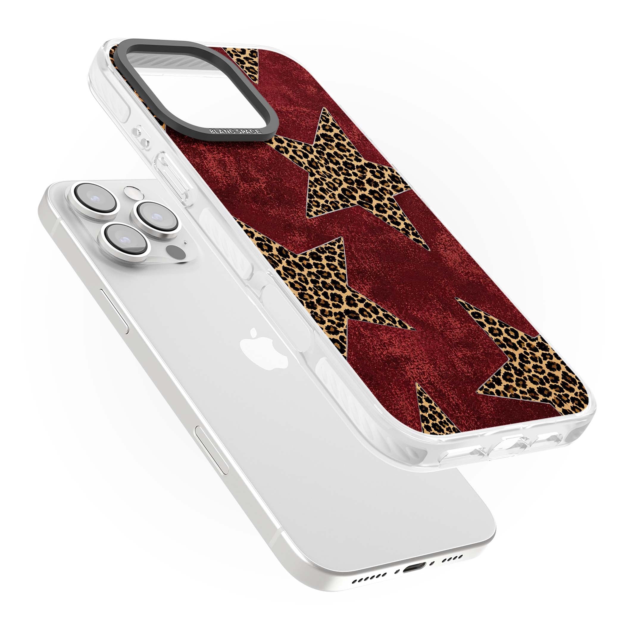 Showgirl leopard print iPhone case featuring cheetah print stars on distressed red grunge background | Impact Magsafe case for iPhone 16 Pro, iPhone 16 Pro Max