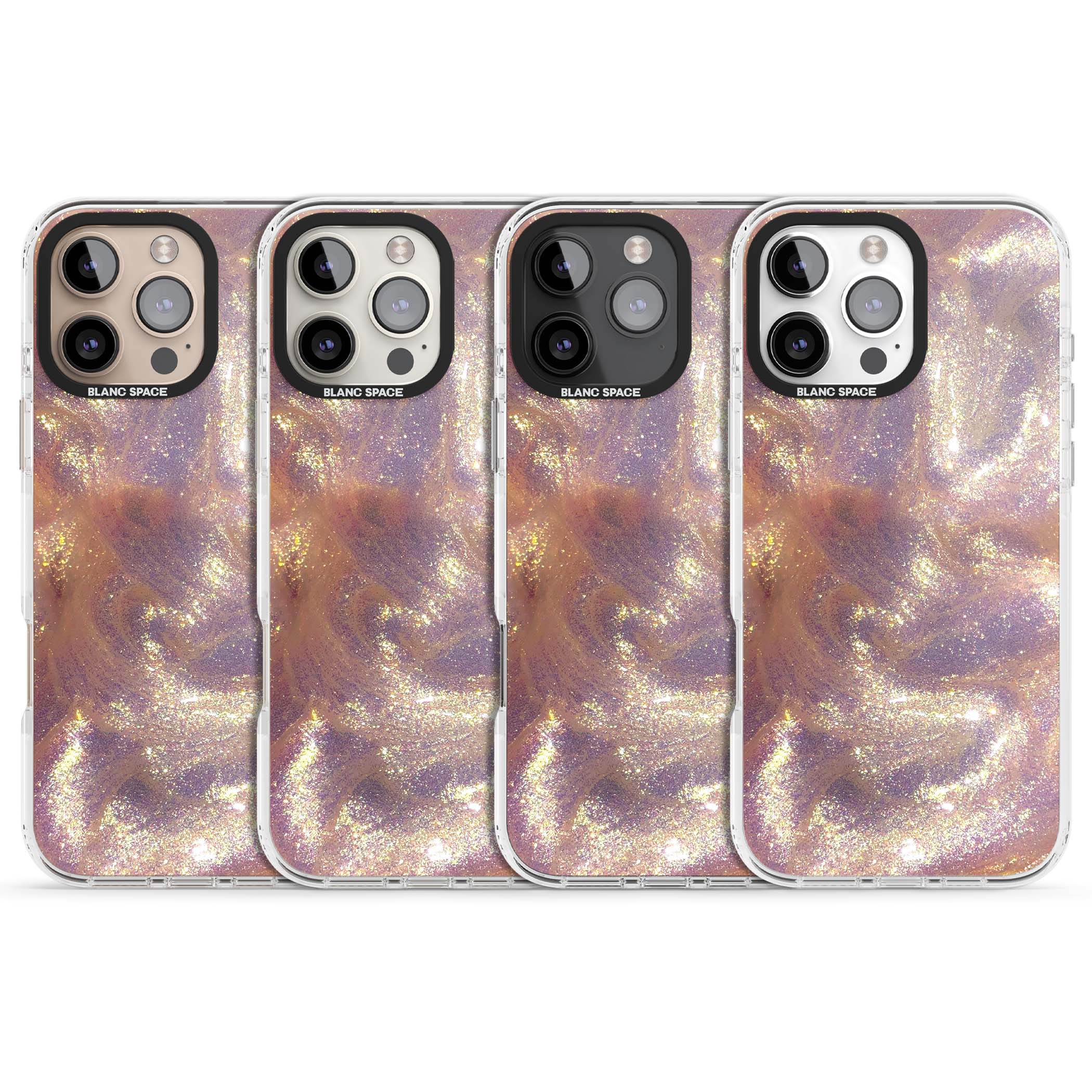 Shimmer marble iPhone case featuring rose gold glitter swirls, lilac shimmer and iridescent pearl finish | Impact Magsafe case for iPhone 16 Pro, iPhone 16 Pro Max