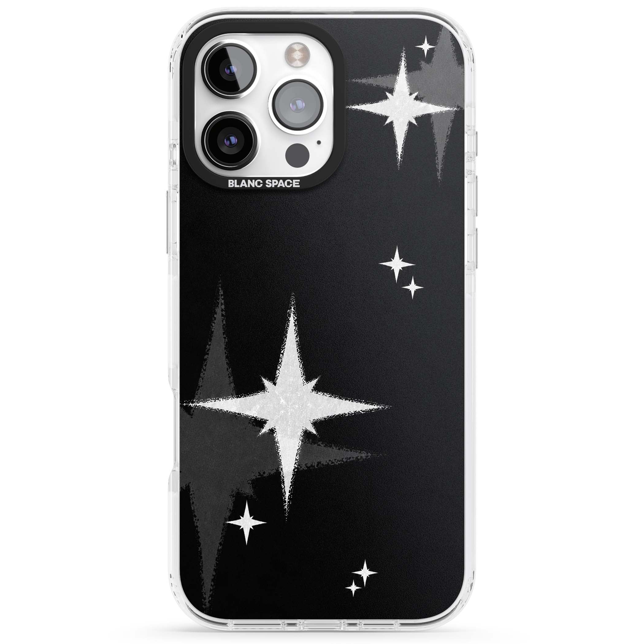 Black Sparkle celestial iPhone case featuring white sparkle stars on a black night sky background | Impact Magsafe case for iPhone 16 Pro, iPhone 16 Pro Max