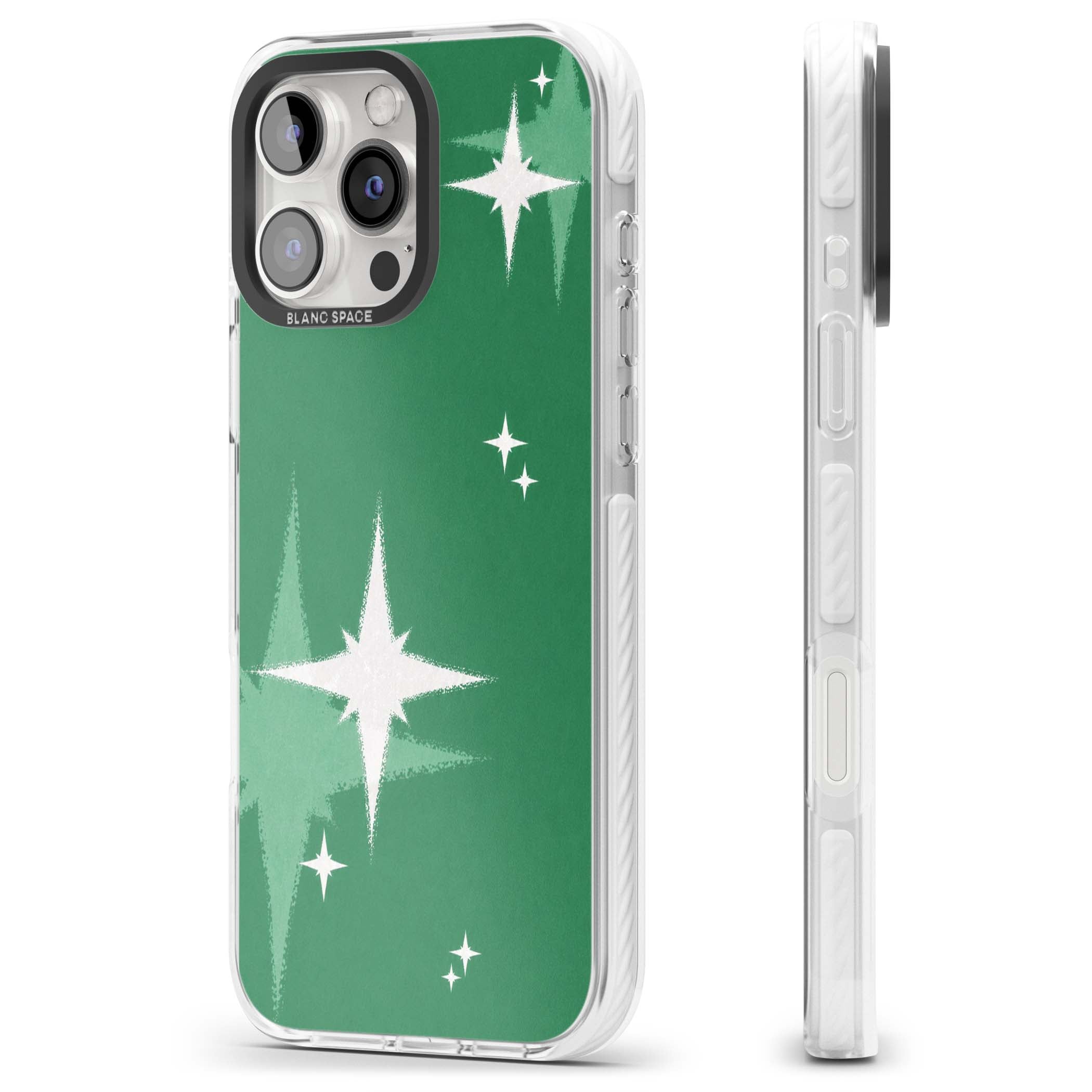 Green Sparkle celestial iPhone case featuring sparkling white four-point stars on a deep green background | Impact Magsafe case for iPhone 16 Pro, iPhone 16 Pro Max