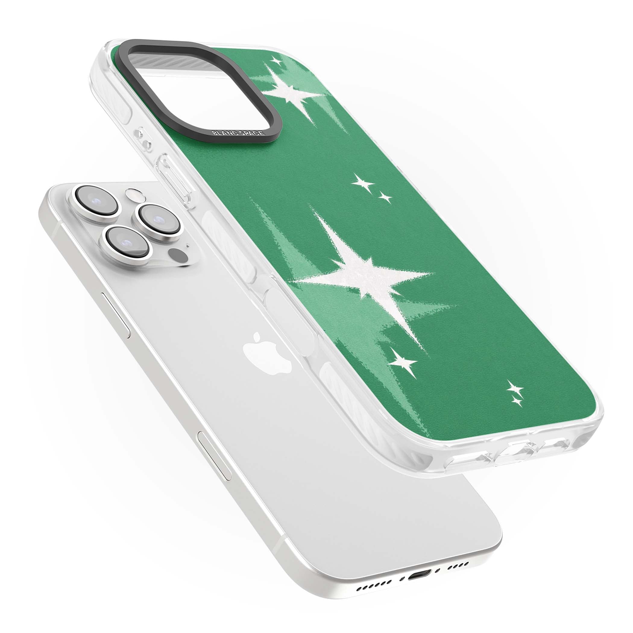 Green Sparkle celestial iPhone case featuring sparkling white four-point stars on a deep green background | Impact Magsafe case for iPhone 16 Pro, iPhone 16 Pro Max