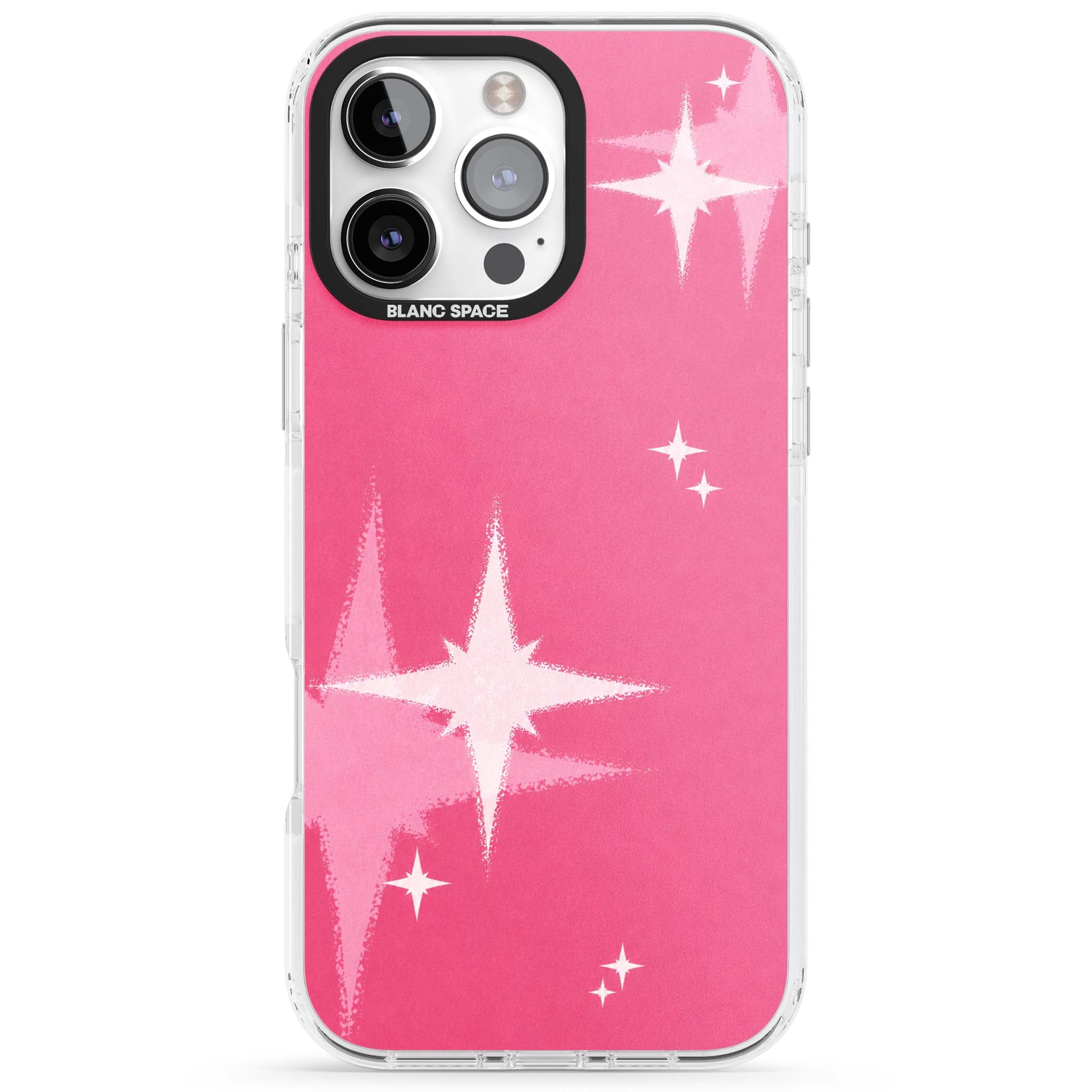 Pink Sparkle Y2K iPhone case featuring hot pink background with shimmering white starburst pattern | Impact Magsafe case for iPhone 16 Pro, iPhone 16 Pro Max