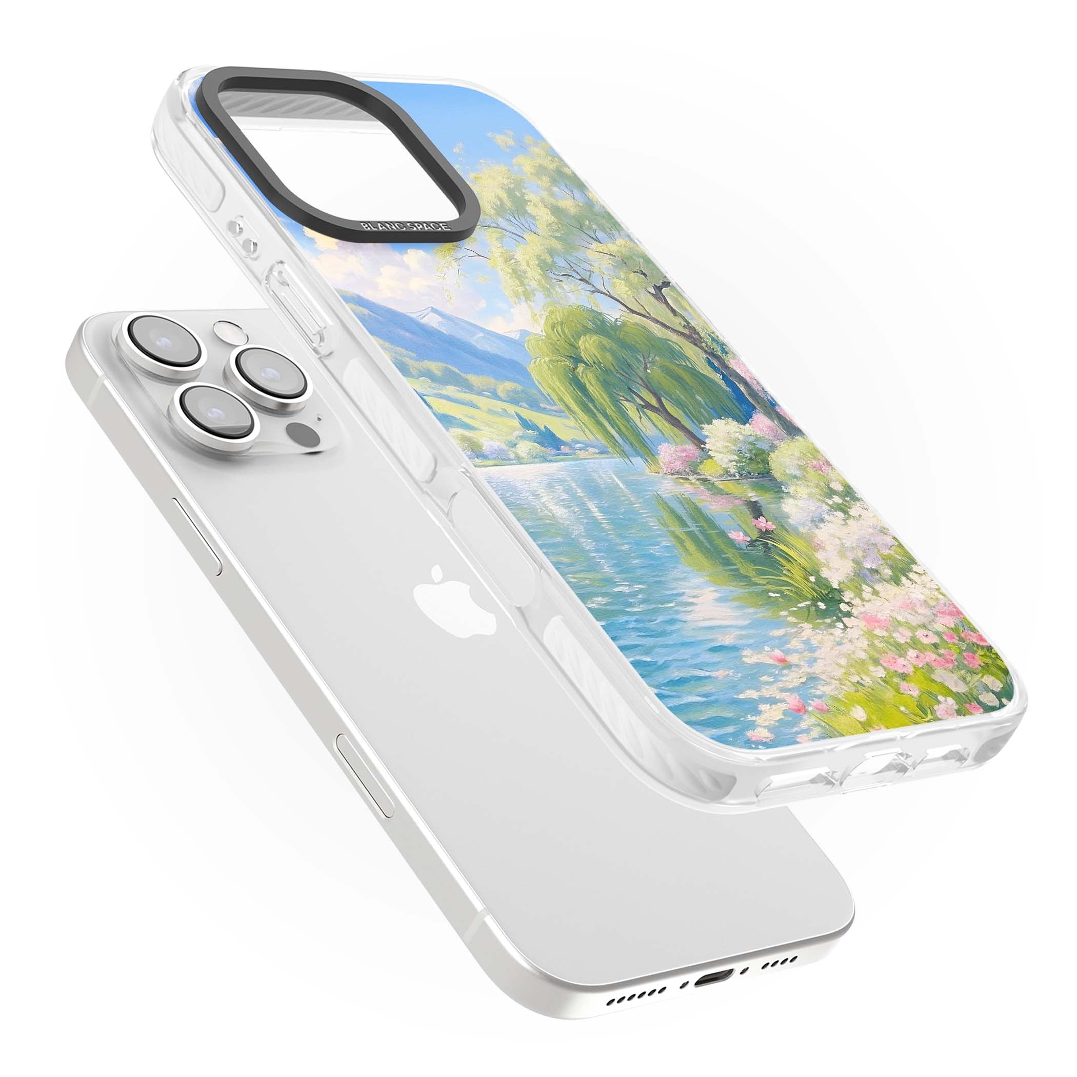 Willow Lake cottagecore iPhone case featuring a painted lakeside with weeping willow, blossoms and distant mountains | Impact Magsafe case for iPhone 16 Pro, iPhone 16 Pro Max
