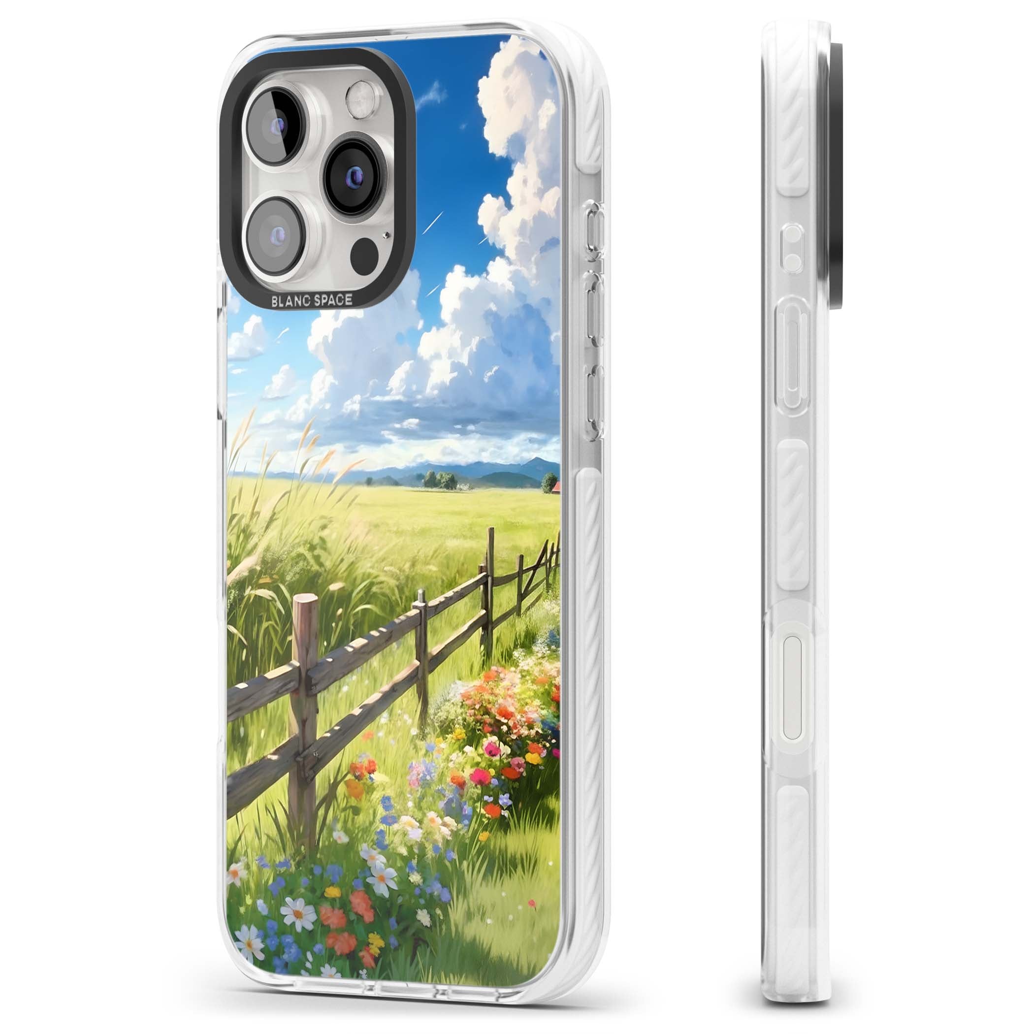 A Countryside Afternoon cottagecore iPhone case featuring a painted countryside meadow, wooden fence, and wildflowers beneath | Impact Magsafe case for iPhone 16 Pro, iPhone 16 Pro Max