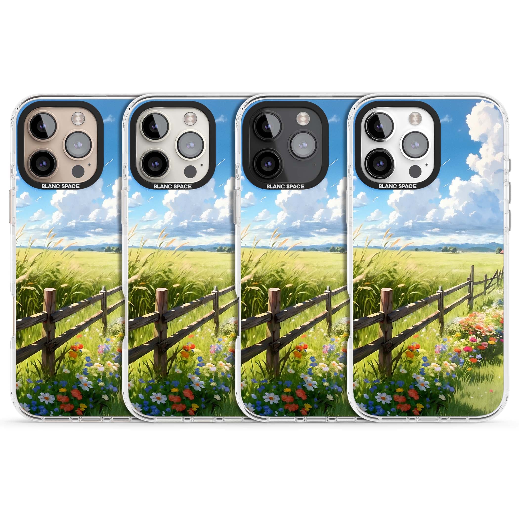 A Countryside Afternoon cottagecore iPhone case featuring a painted countryside meadow, wooden fence, and wildflowers beneath | Impact Magsafe case for iPhone 16 Pro, iPhone 16 Pro Max