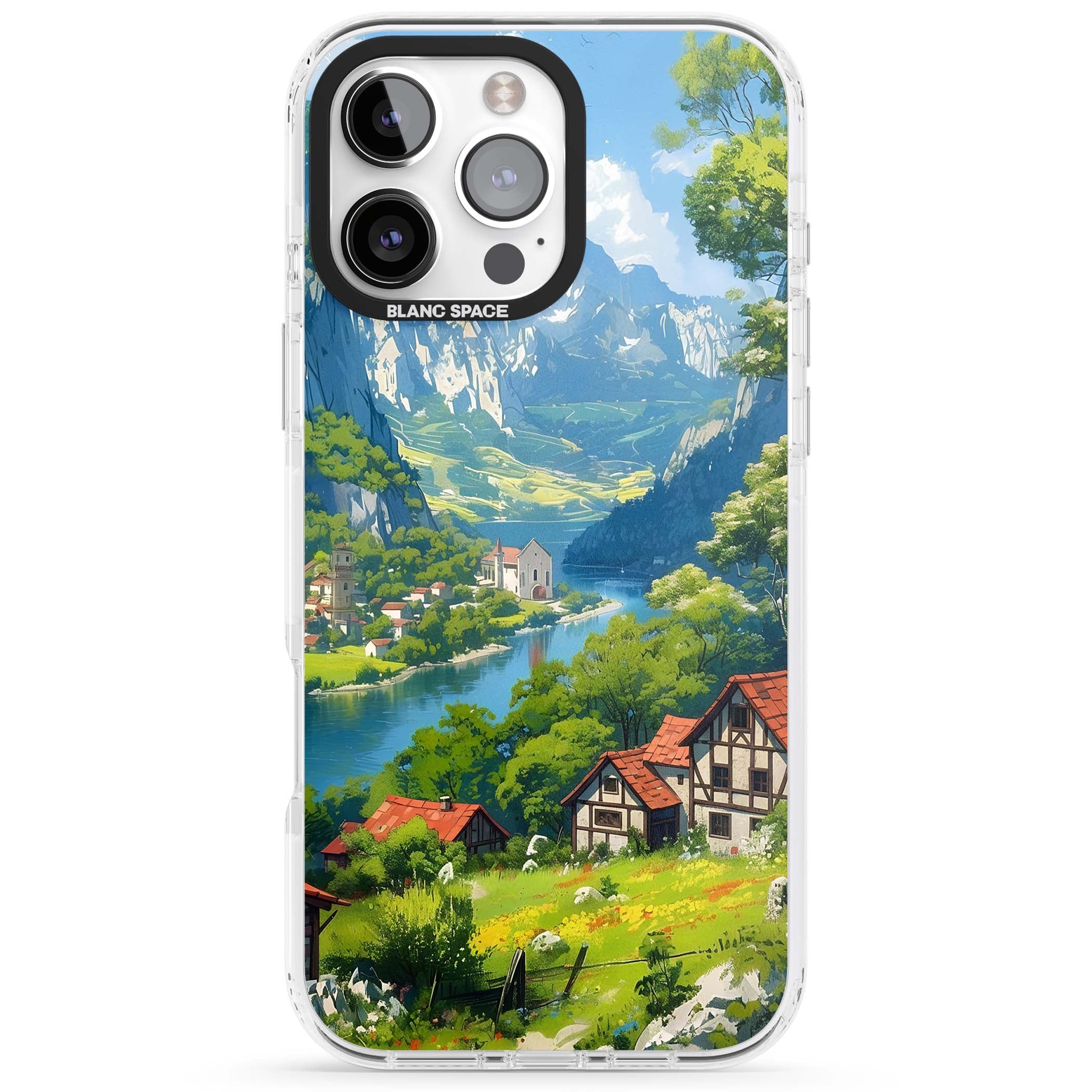 Village In The Valley anime iPhone case featuring a painted mountain village, river valley and half-timbered cottages. | Impact Magsafe case for iPhone 16 Pro, iPhone 16 Pro Max