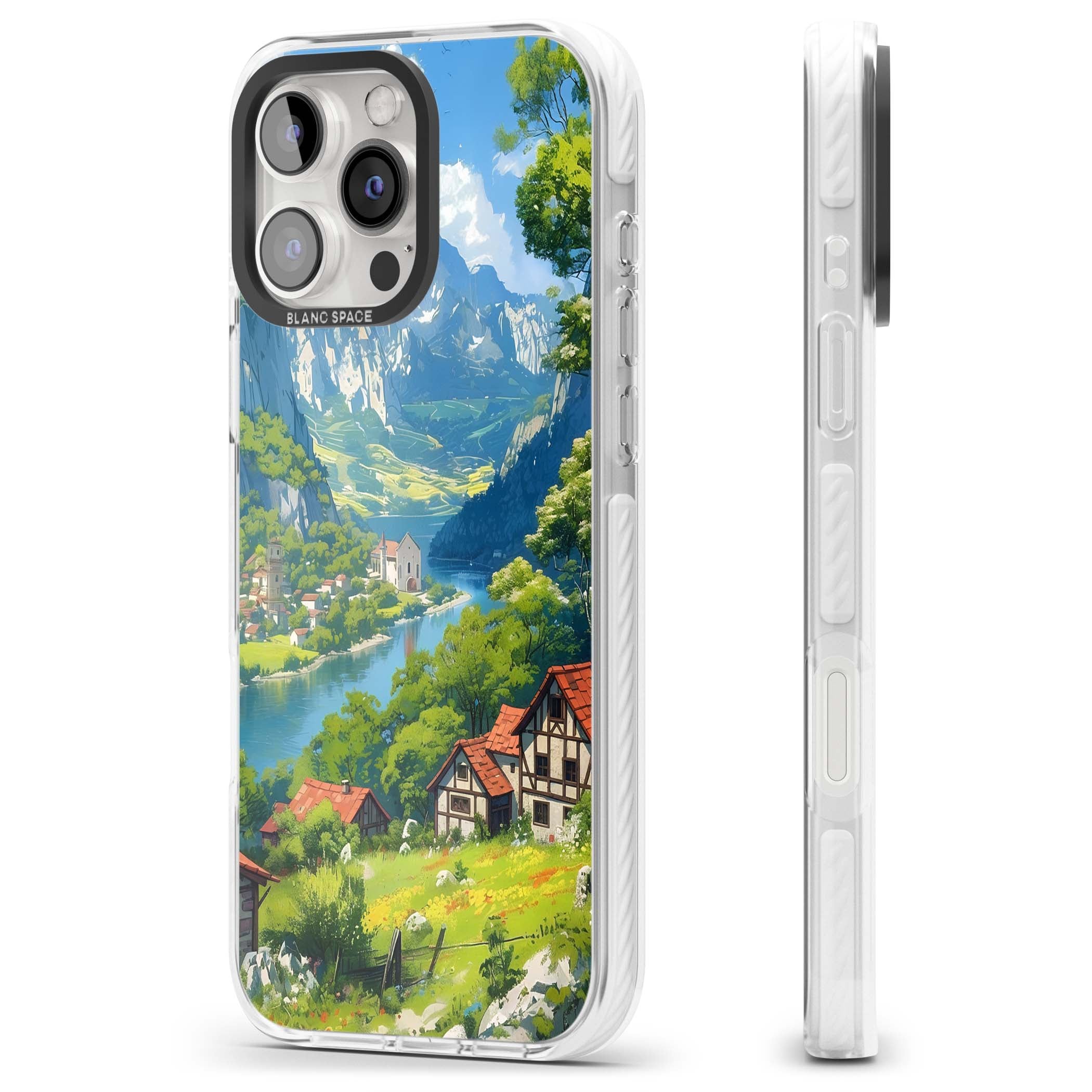 Village In The Valley anime iPhone case featuring a painted mountain village, river valley and half-timbered cottages. | Impact Magsafe case for iPhone 16 Pro, iPhone 16 Pro Max