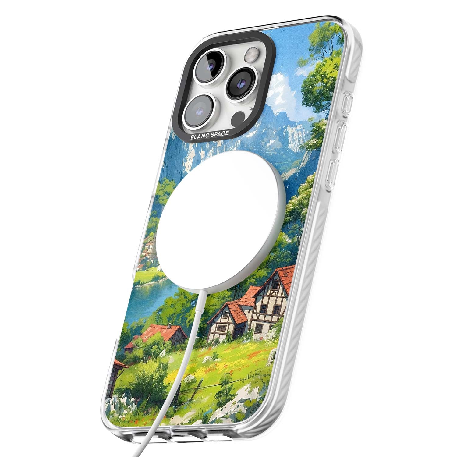 Village In The Valley anime iPhone case featuring a painted mountain village, river valley and half-timbered cottages. | Impact Magsafe case for iPhone 16 Pro, iPhone 16 Pro Max