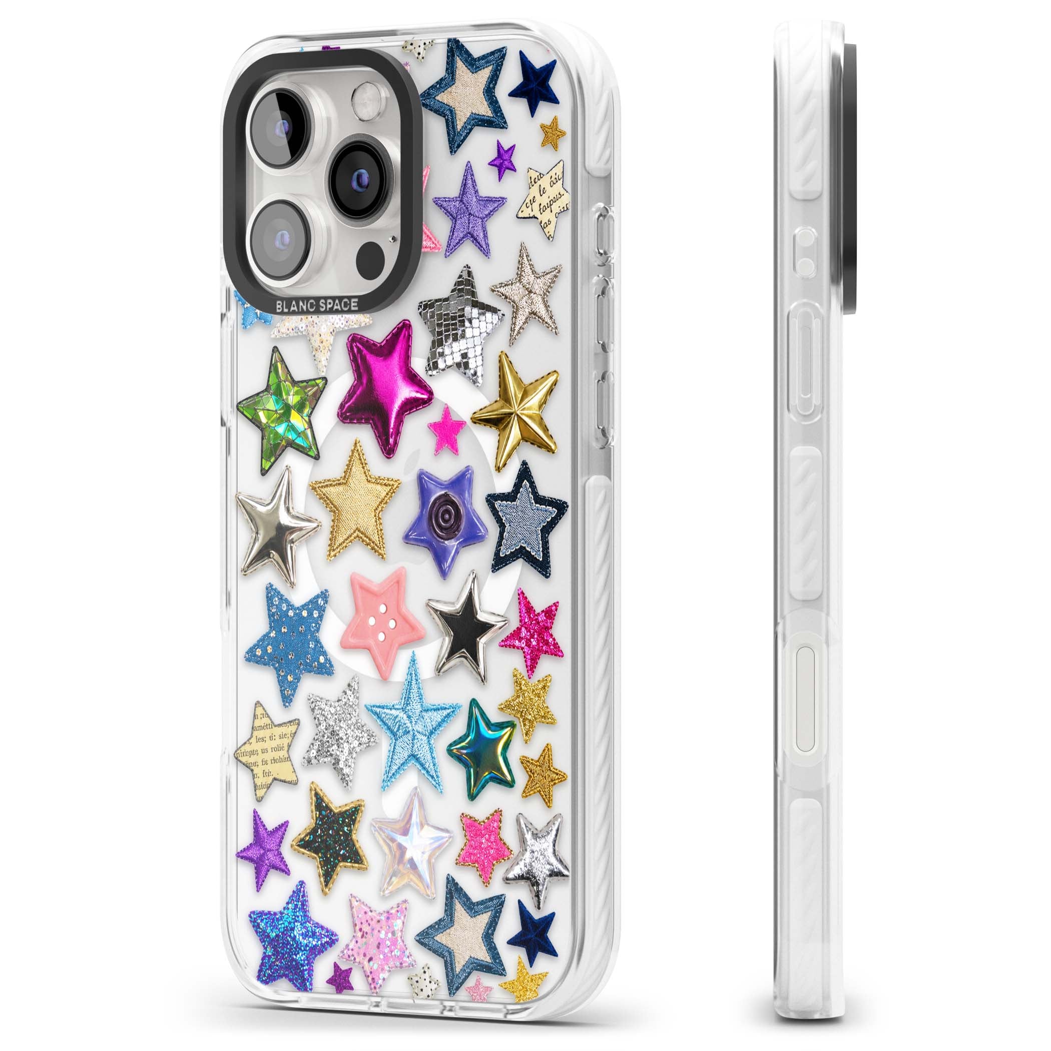 Crafty Star Mix Y2K iPhone case featuring embroidered, sequinned and glitter star patches in rainbow colours | Impact Magsafe case for iPhone 16 Pro, iPhone 16 Pro Max