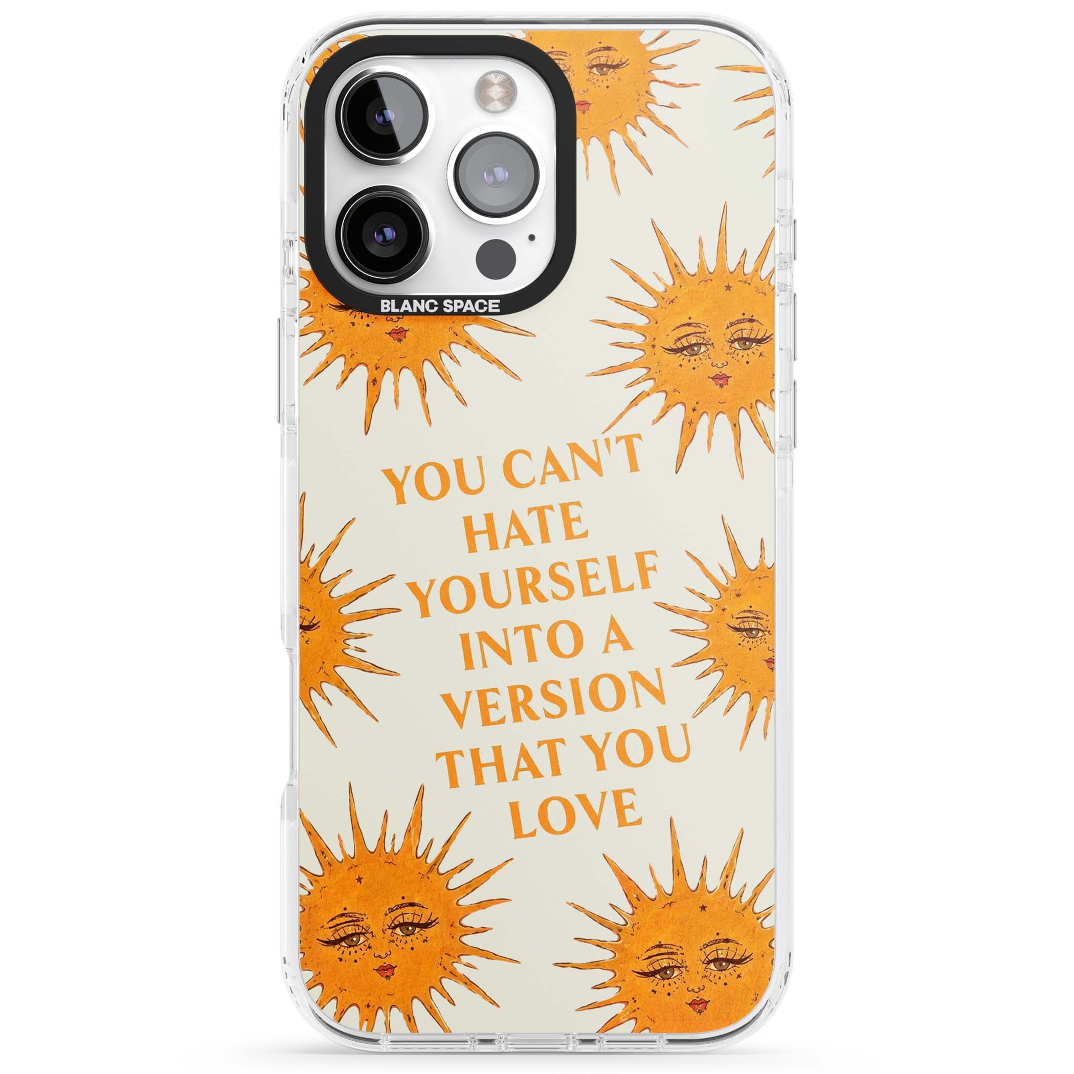 Don't Hate Yourself celestial iPhone case featuring vintage sun faces, ochre rays and a self-love quote | Impact Magsafe case for iPhone 16 Pro, iPhone 16 Pro Max