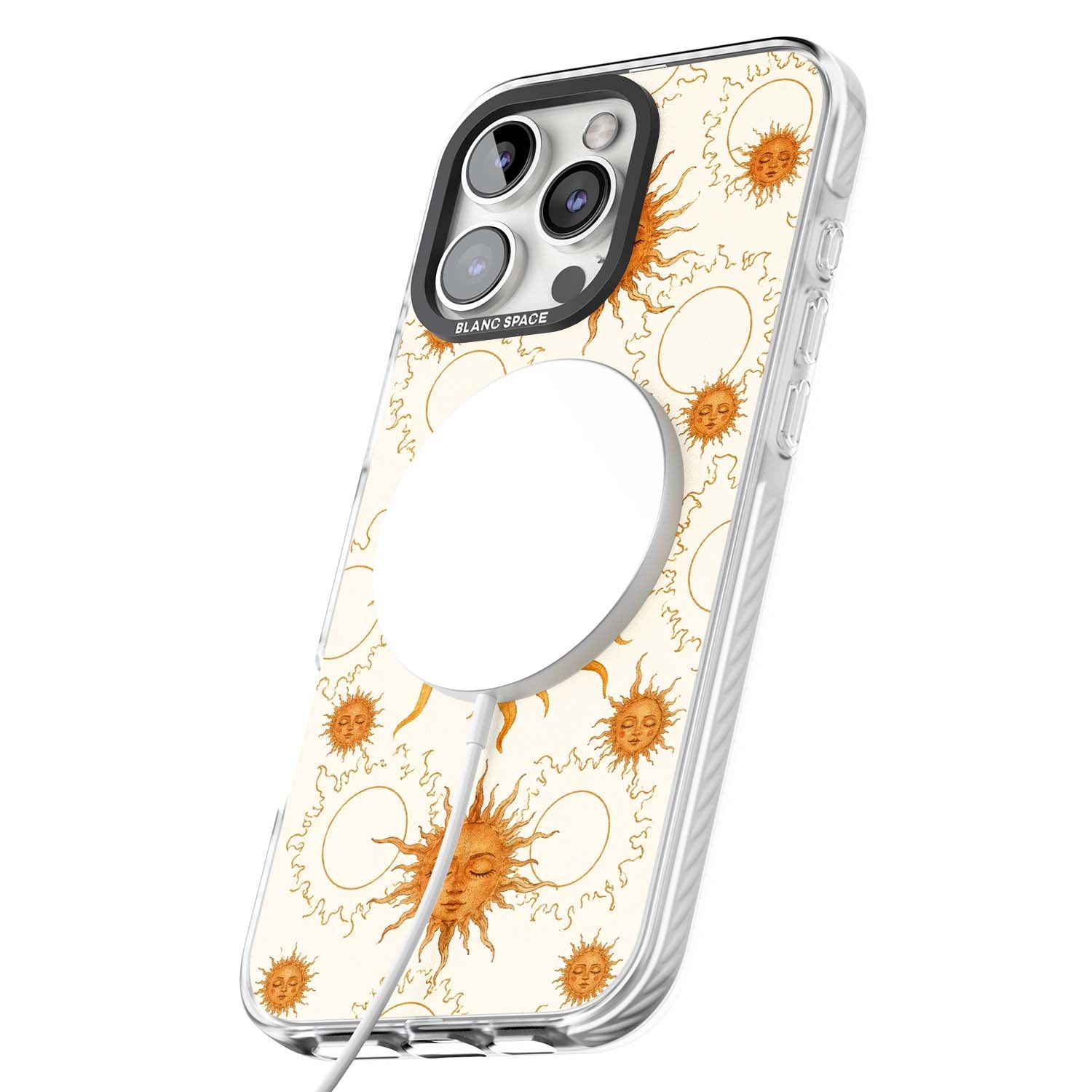 Solstice Muse celestial iPhone case featuring hand-painted golden sun faces, closed-eye sun goddesses and outlined moons... | Impact Magsafe case for iPhone 16 Pro, iPhone 16 Pro Max
