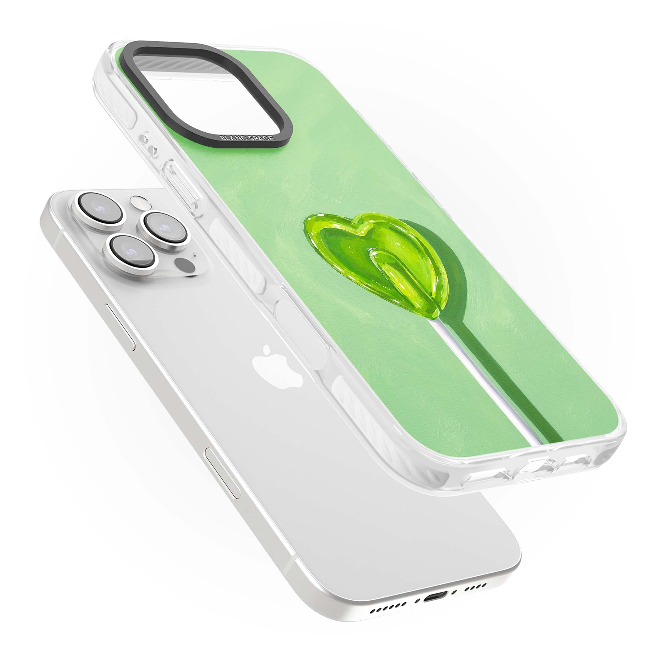 Green Lollipop candy art iPhone case featuring a glossy green heart-shaped lollipop on a painted pastel green background | Impact Magsafe case for iPhone 16 Pro, iPhone 16 Pro Max