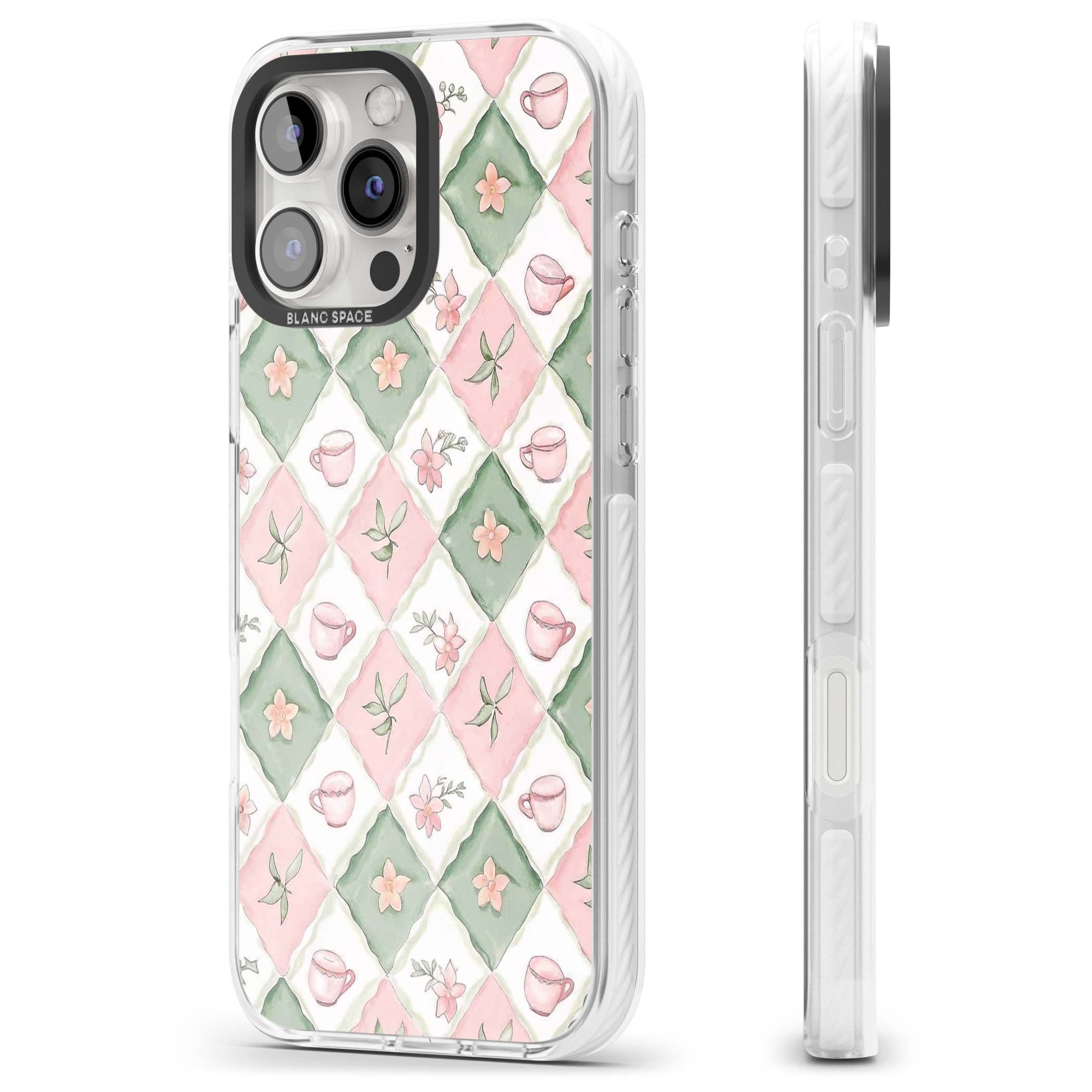 Garden Tea Party coquette iPhone case with pink and green checkered pattern, watercolour teacups and wildflowers | Impact Magsafe case for iPhone 16 Pro, iPhone 16 Pro Max