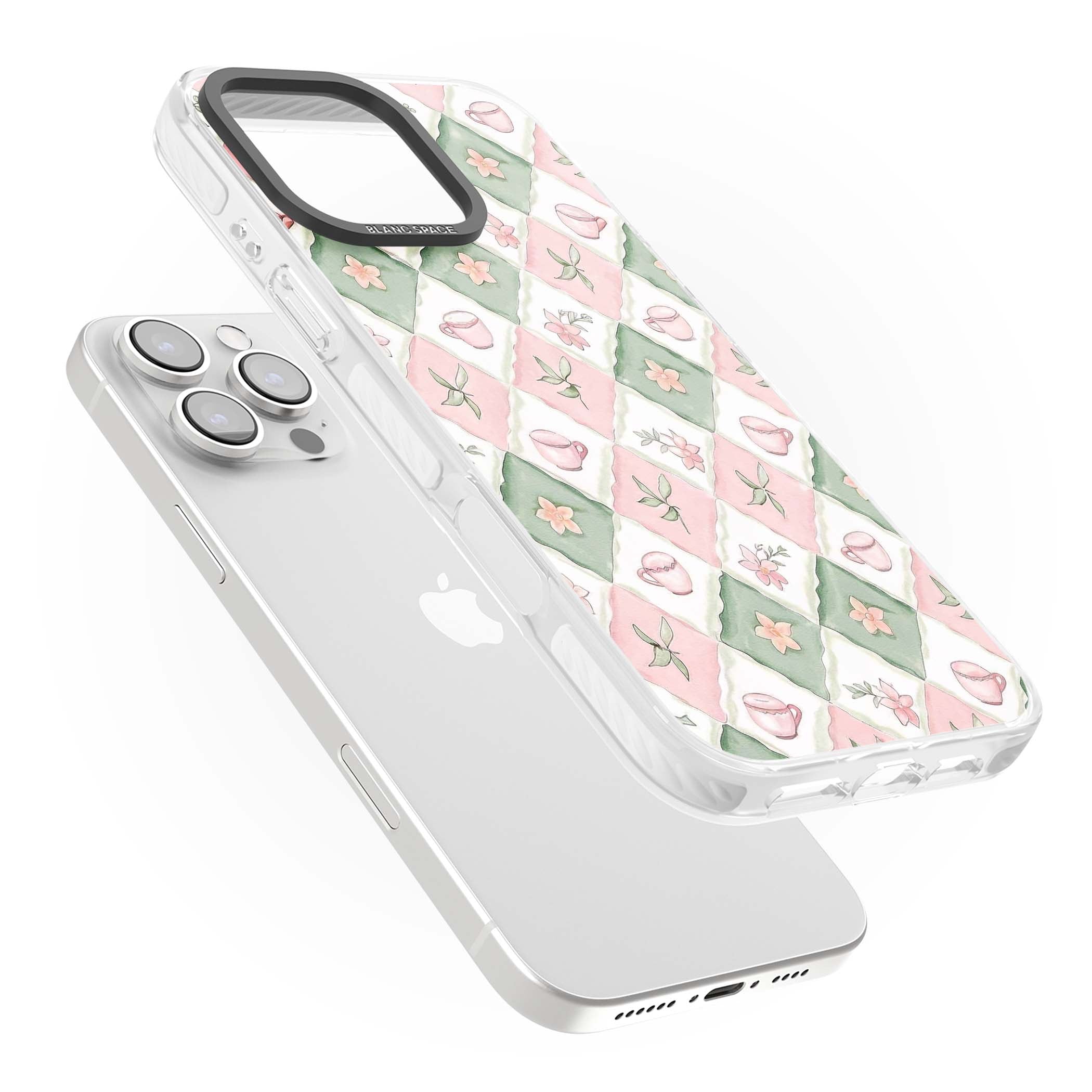 Garden Tea Party coquette iPhone case with pink and green checkered pattern, watercolour teacups and wildflowers | Impact Magsafe case for iPhone 16 Pro, iPhone 16 Pro Max