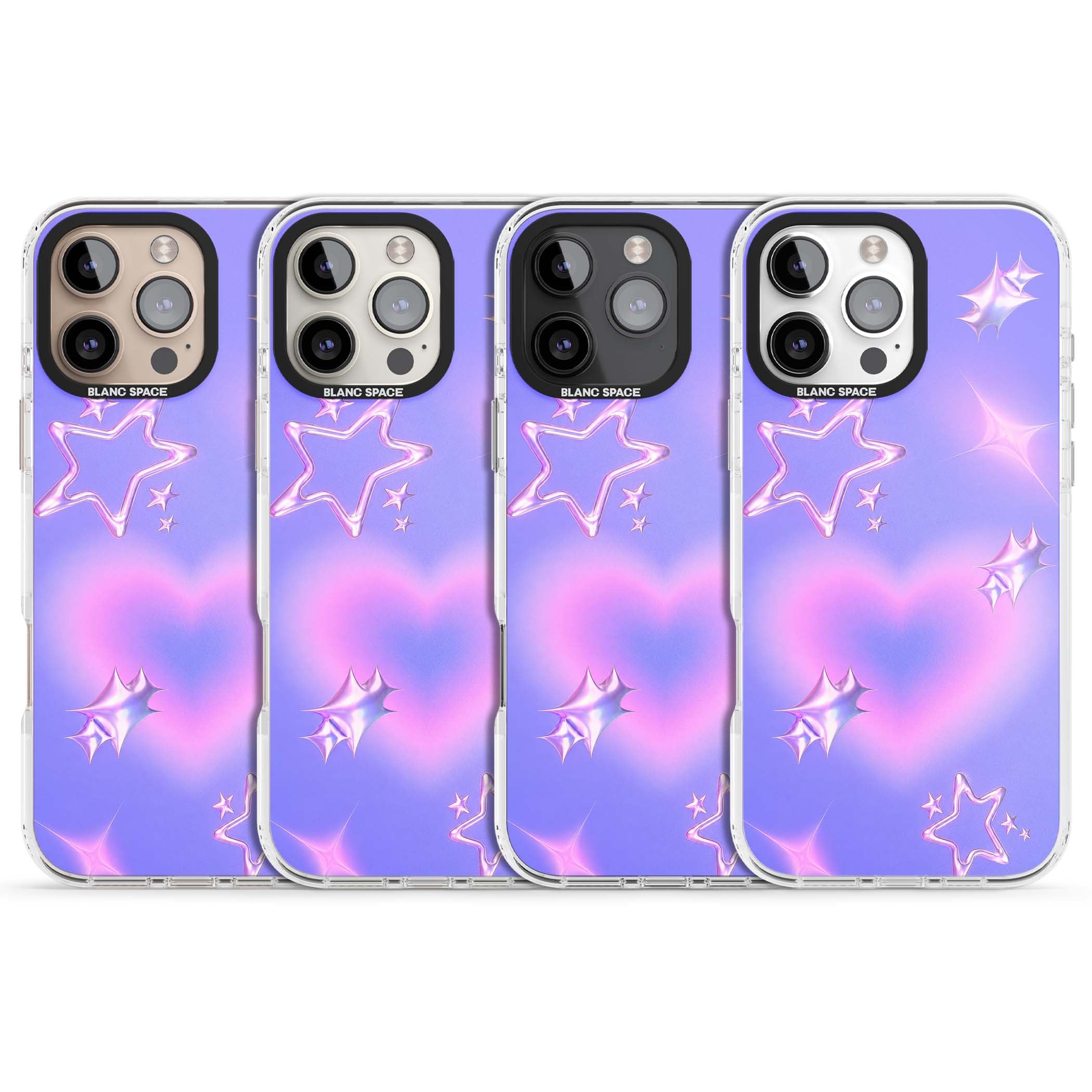 Soft Sugar Y2K iPhone case featuring iridescent chrome hearts, metallic pink stars and a lavender gradient sky | Impact Magsafe case for iPhone 16 Pro, iPhone 16 Pro Max