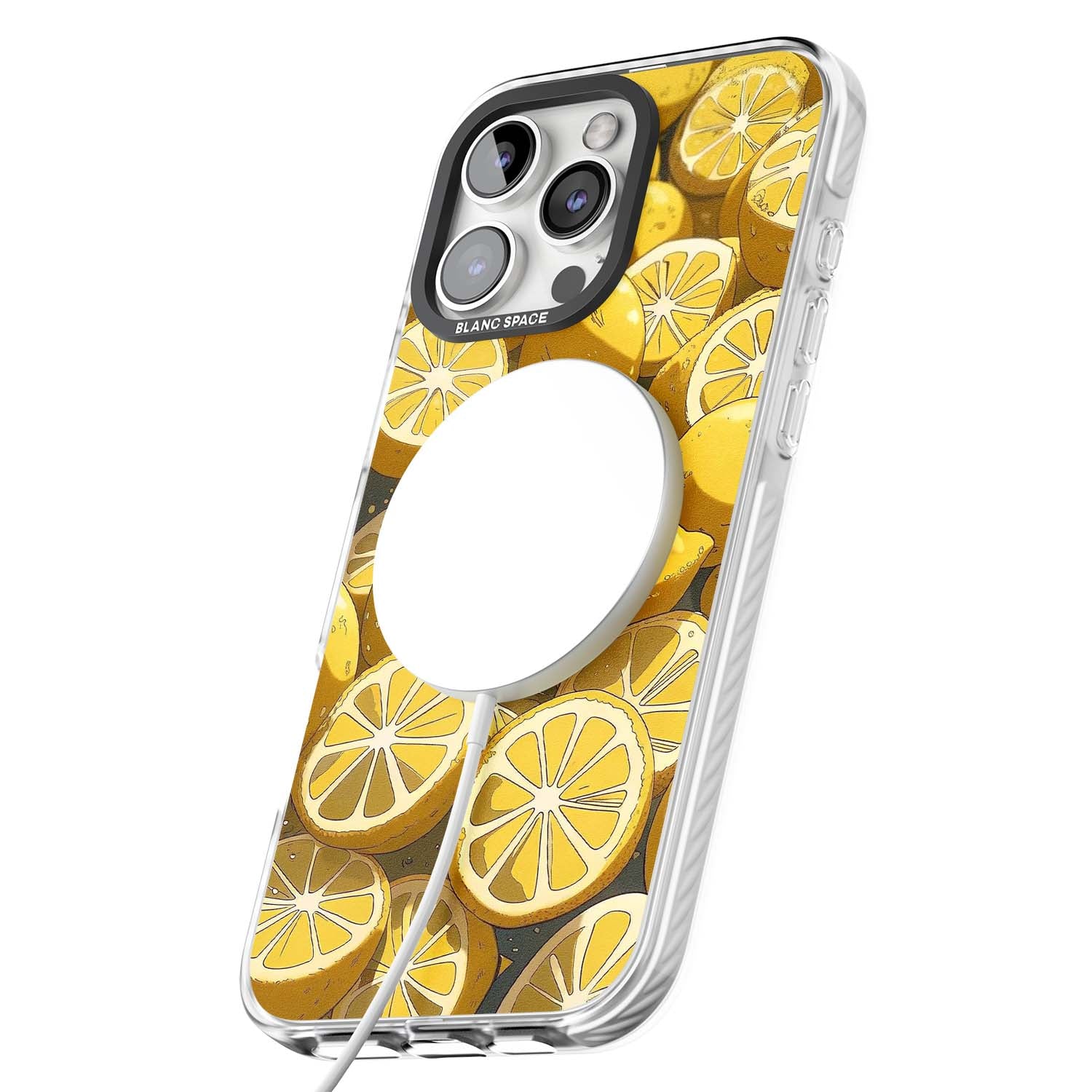Zesty coastal iPhone case featuring illustrated Mediterranean lemons and citrus slices in golden yellow | Impact Magsafe case for iPhone 16 Pro, iPhone 16 Pro Max