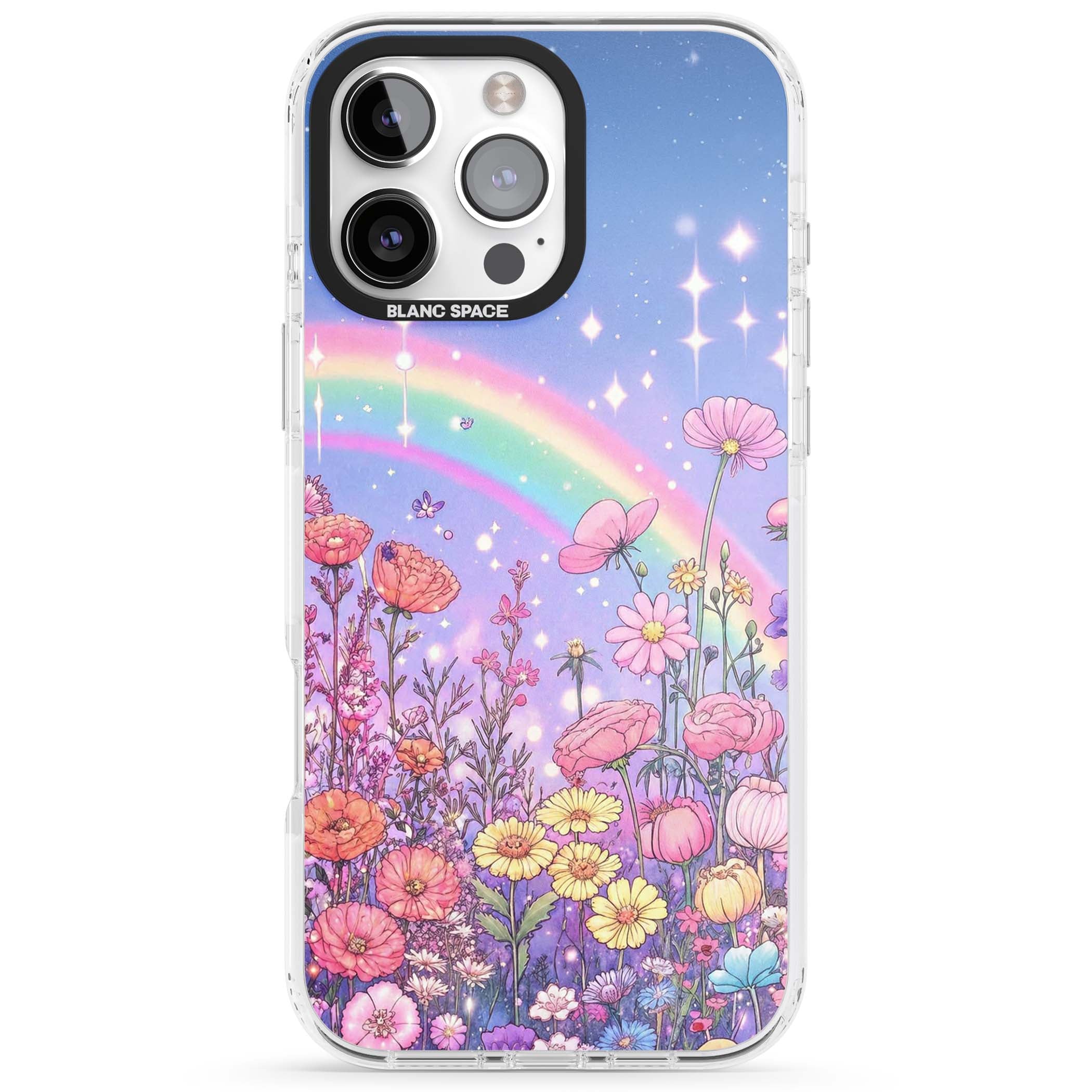 Magical Meadow fairycore iPhone case featuring a pastel rainbow, sparkling stars and a wildflower meadow | Clear Impact case for iPhone 16 Pro, iPhone 16 Pro Max