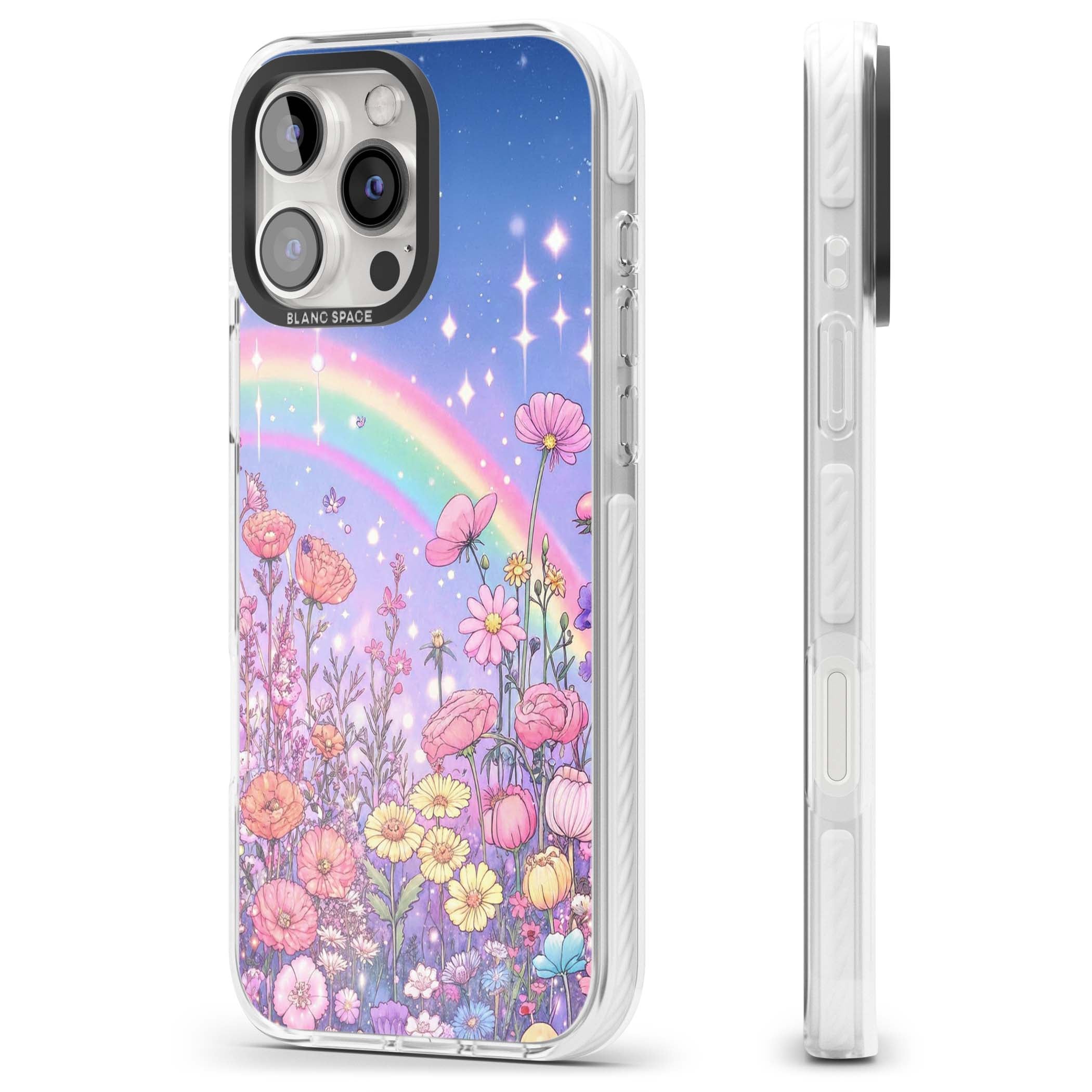Magical Meadow fairycore iPhone case featuring a pastel rainbow, sparkling stars and a wildflower meadow | Clear Impact case for iPhone 16 Pro, iPhone 16 Pro Max