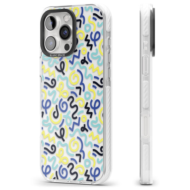 iPhone 16 Pro Max Blue & Yellow Shapes Memphis Retro Pattern Design Black Impact Phone Case