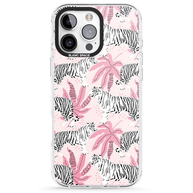 iPhone 16 Pro Max White Tigers on Pink Pattern Black Impact Phone Case