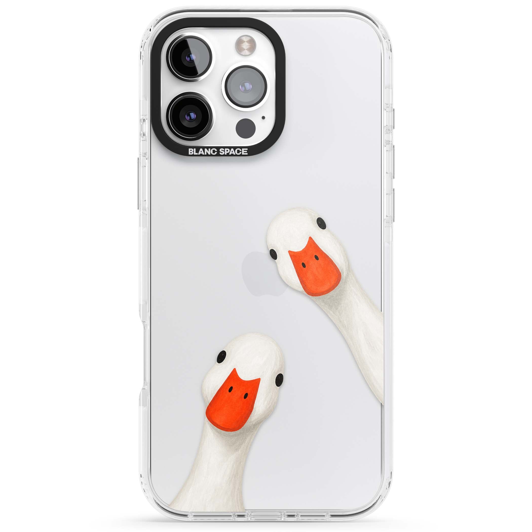 Nosy Ducks cottagecore iPhone case featuring two peeking white ducks with orange beaks on a clear background | Clear Impact case for iPhone 16 Pro, iPhone 16 Pro Max