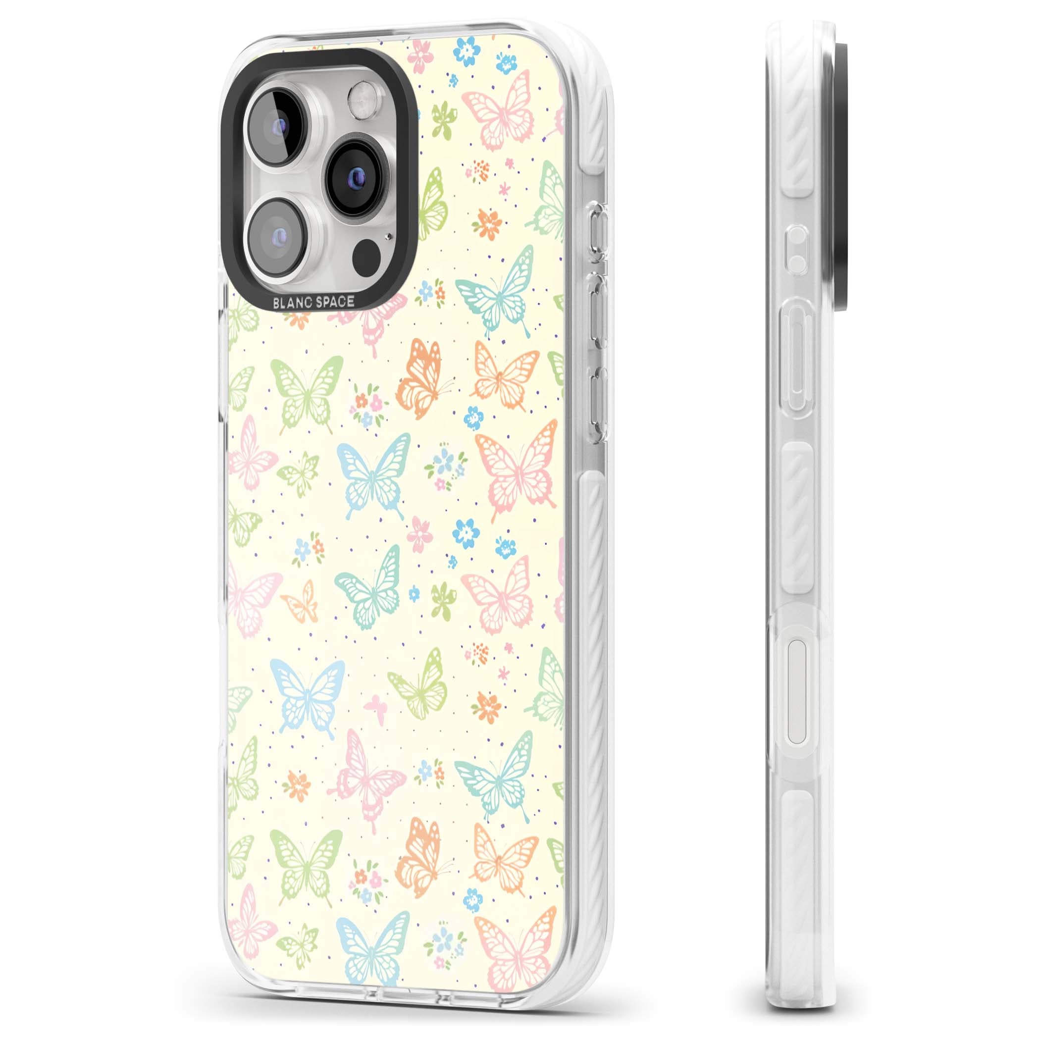 Sugar Wings cottagecore iPhone case featuring rainbow pastel butterflies, tiny wildflowers, and a cream background | Clear Impact case for iPhone 16 Pro, iPhone 16 Pro Max