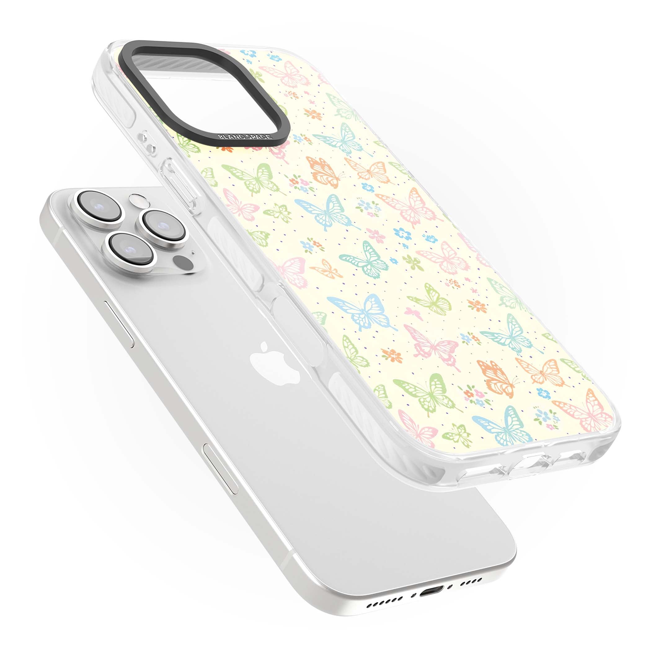 Sugar Wings cottagecore iPhone case featuring rainbow pastel butterflies, tiny wildflowers, and a cream background | Clear Impact case for iPhone 16 Pro, iPhone 16 Pro Max