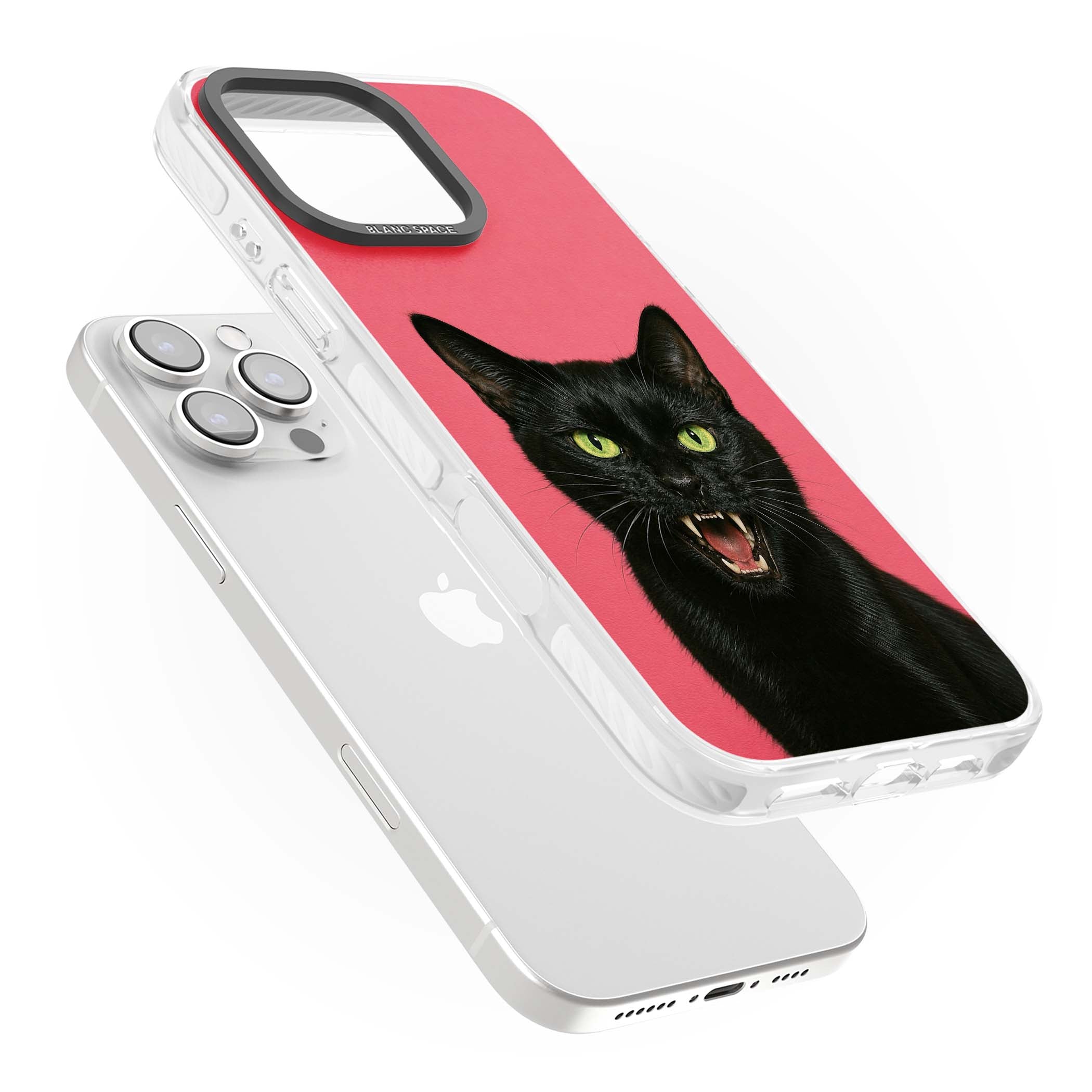Hissin' Baddie black cat iPhone case featuring a hissing feline with green eyes on a hot pink background | Clear Impact case for iPhone 16 Pro, iPhone 16 Pro Max