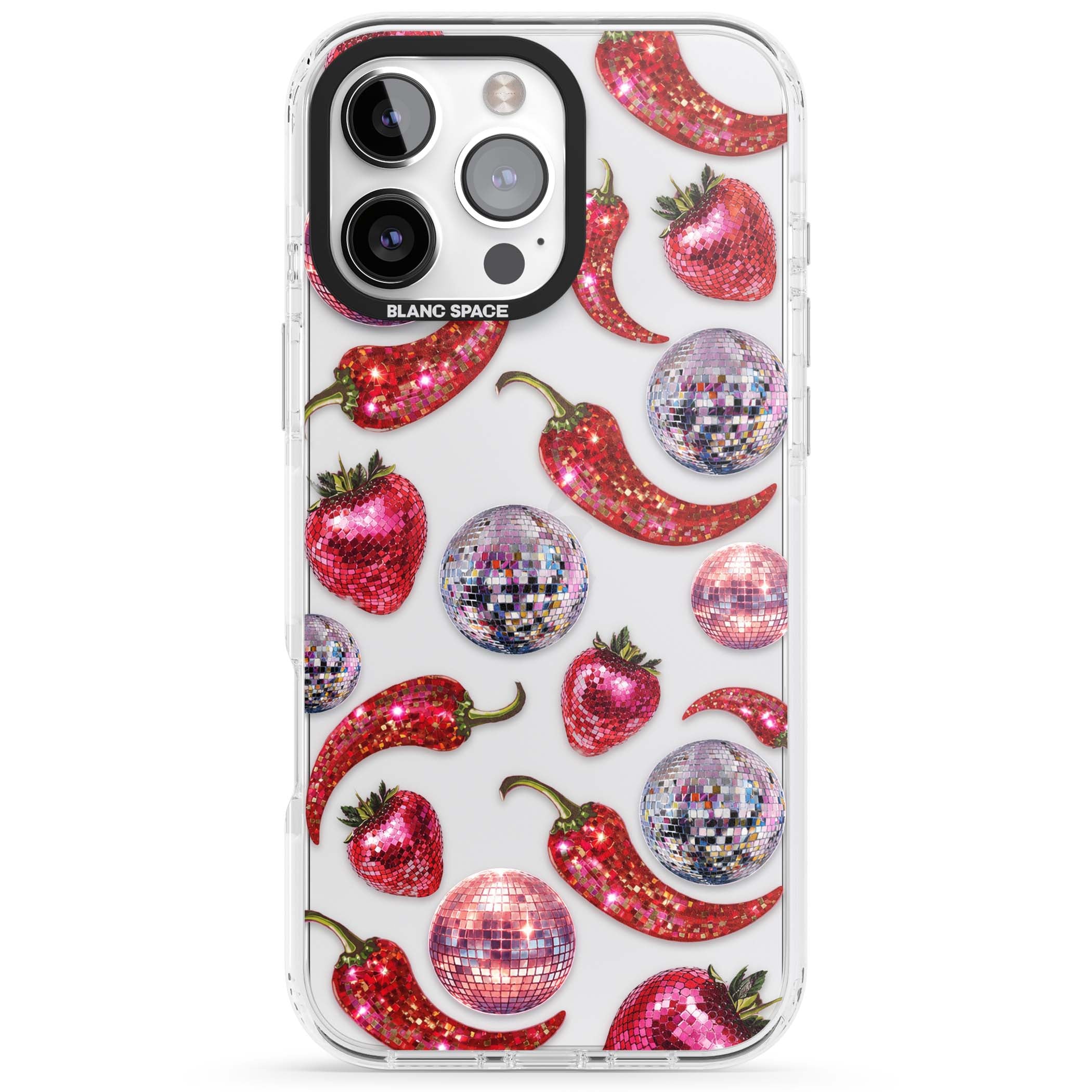Spicy Disco Y2K iPhone case featuring glitter disco balls, sparkly strawberries and red chilli peppers | Clear Impact case for iPhone 16 Pro, iPhone 16 Pro Max