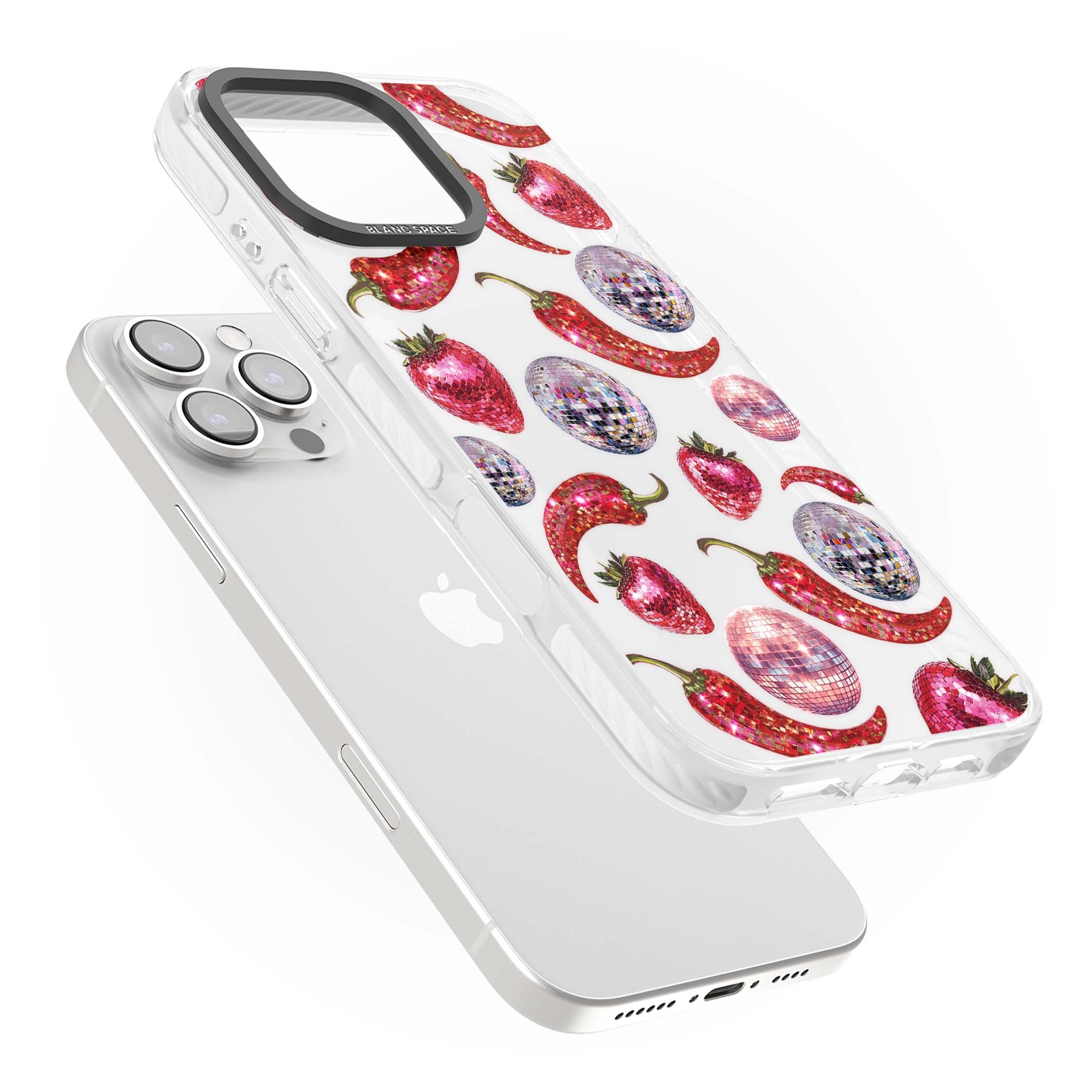 Spicy Disco Y2K iPhone case featuring glitter disco balls, sparkly strawberries and red chilli peppers | Clear Impact case for iPhone 16 Pro, iPhone 16 Pro Max
