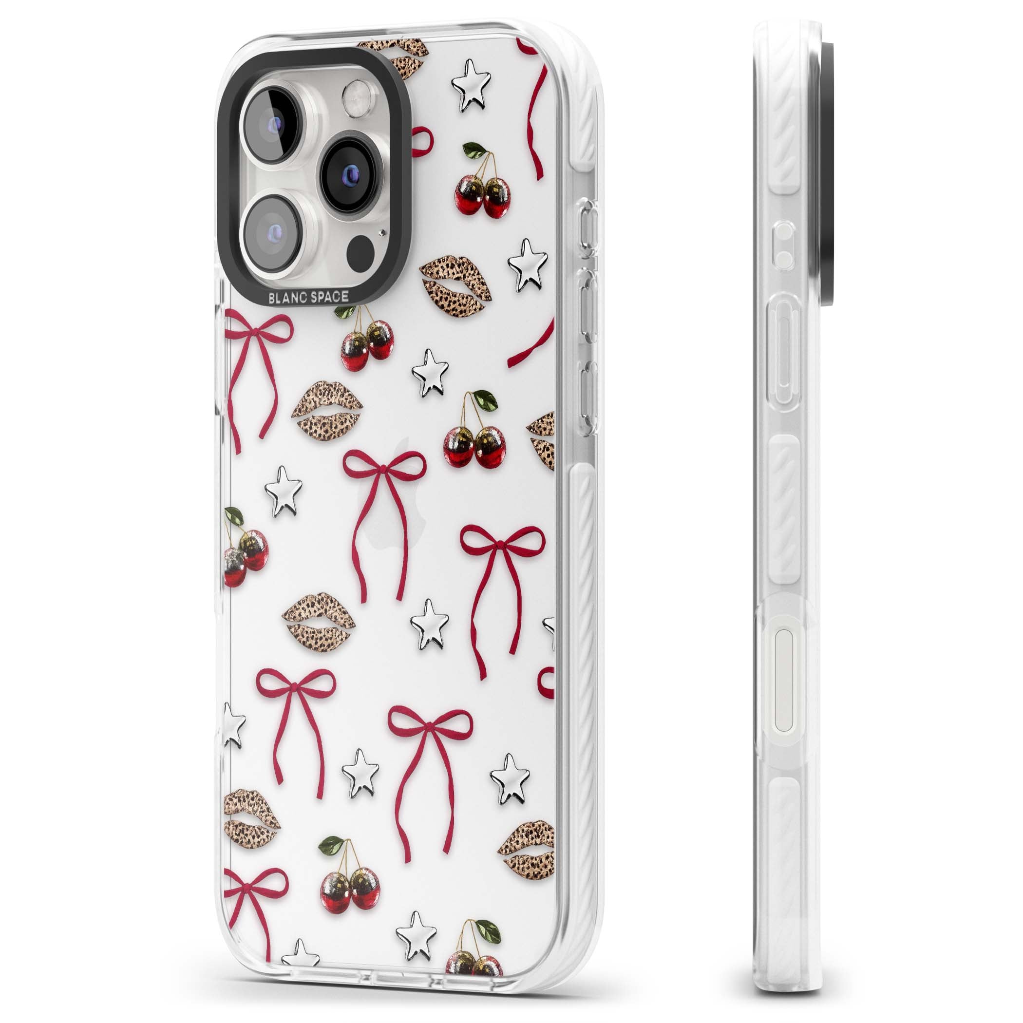 Starlet coquette iPhone case featuring red ribbon bows, disco cherries and leopard-print lips | Clear Impact case for iPhone 16 Pro, iPhone 16 Pro Max