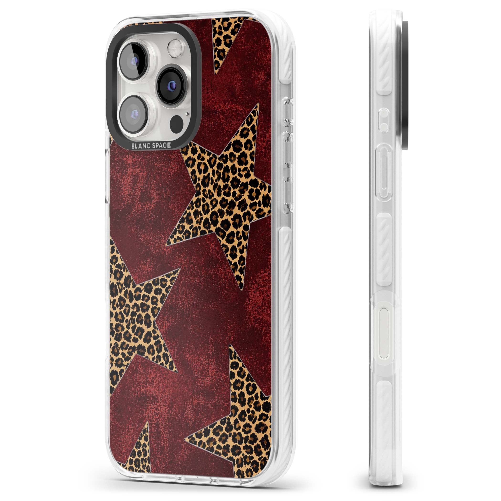 Showgirl leopard print iPhone case featuring cheetah print stars on distressed red grunge background | Clear Impact case for iPhone 16 Pro, iPhone 16 Pro Max