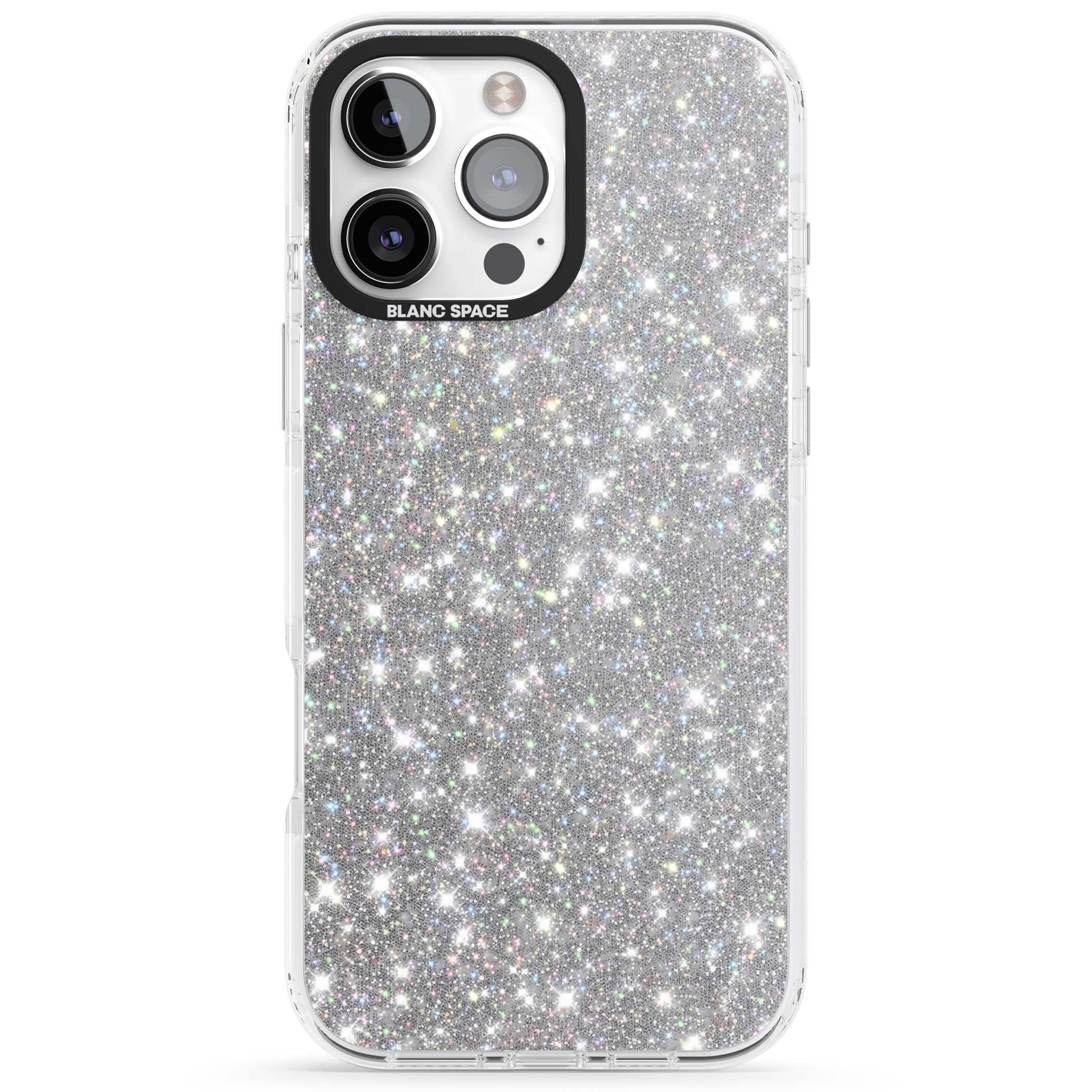 Diamond glam iPhone case featuring silver glitter sparkle and shimmering diamond dust effect | Clear Impact case for iPhone 16 Pro, iPhone 16 Pro Max