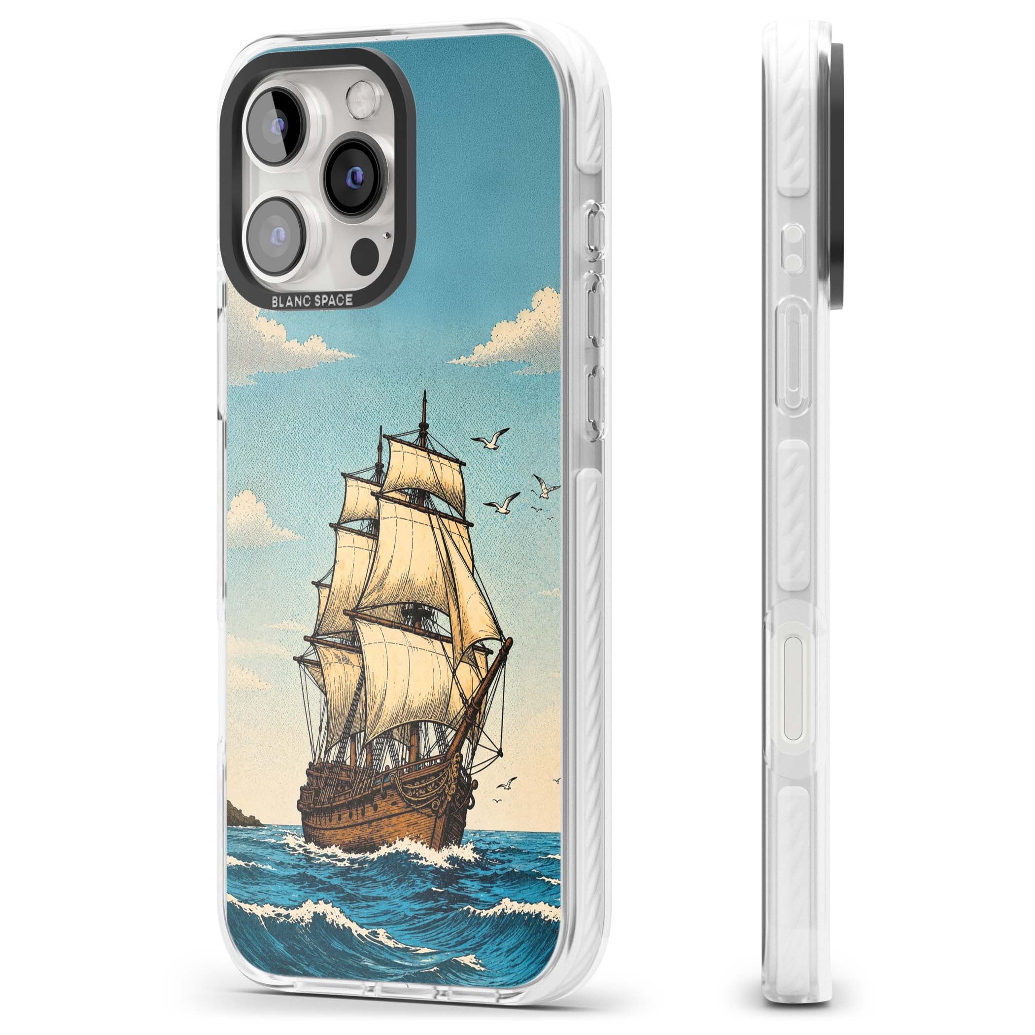 Ship at Sea nautical iPhone case featuring a vintage tall ship, ocean waves and seagulls | Clear Impact case for iPhone 16 Pro, iPhone 16 Pro Max