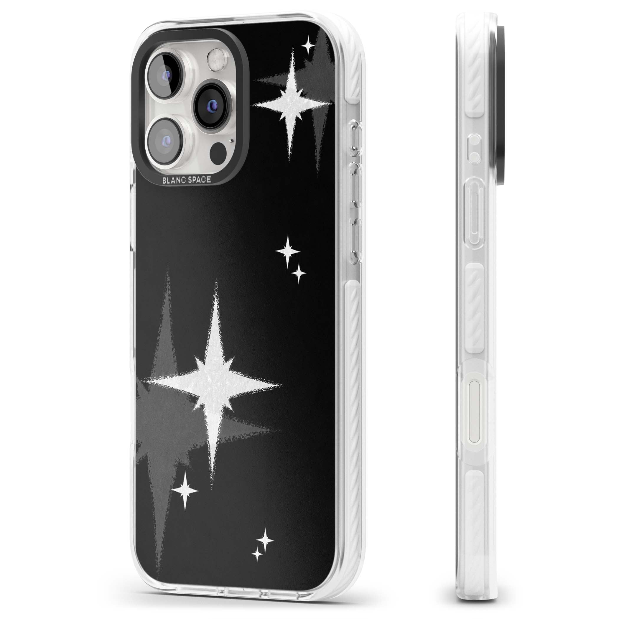 Black Sparkle celestial iPhone case featuring white sparkle stars on a black night sky background | Clear Impact case for iPhone 16 Pro, iPhone 16 Pro Max