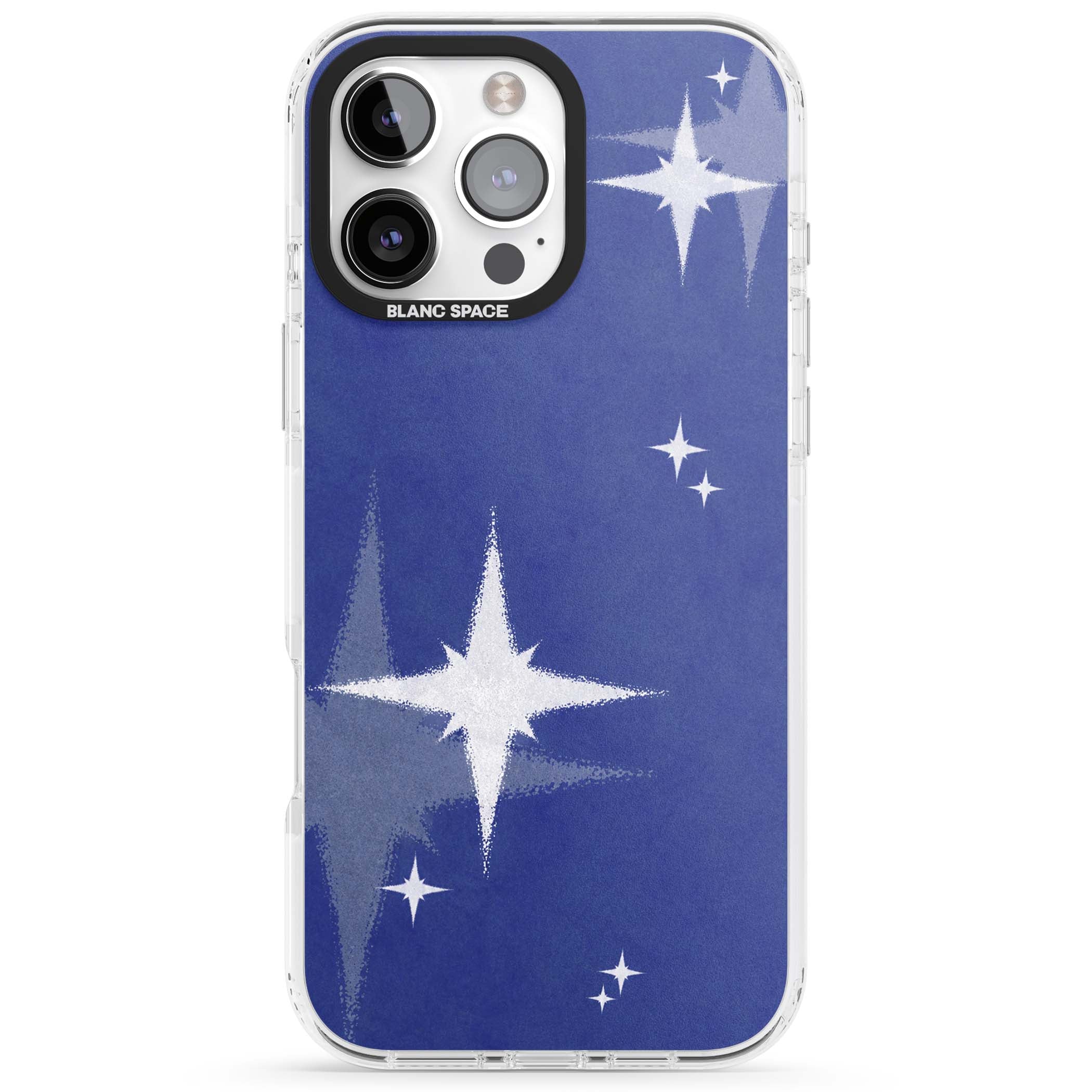 Blue Sparkle celestial iPhone case featuring sparkling silver stars on a deep blue painterly night sky | Clear Impact case for iPhone 16 Pro, iPhone 16 Pro Max