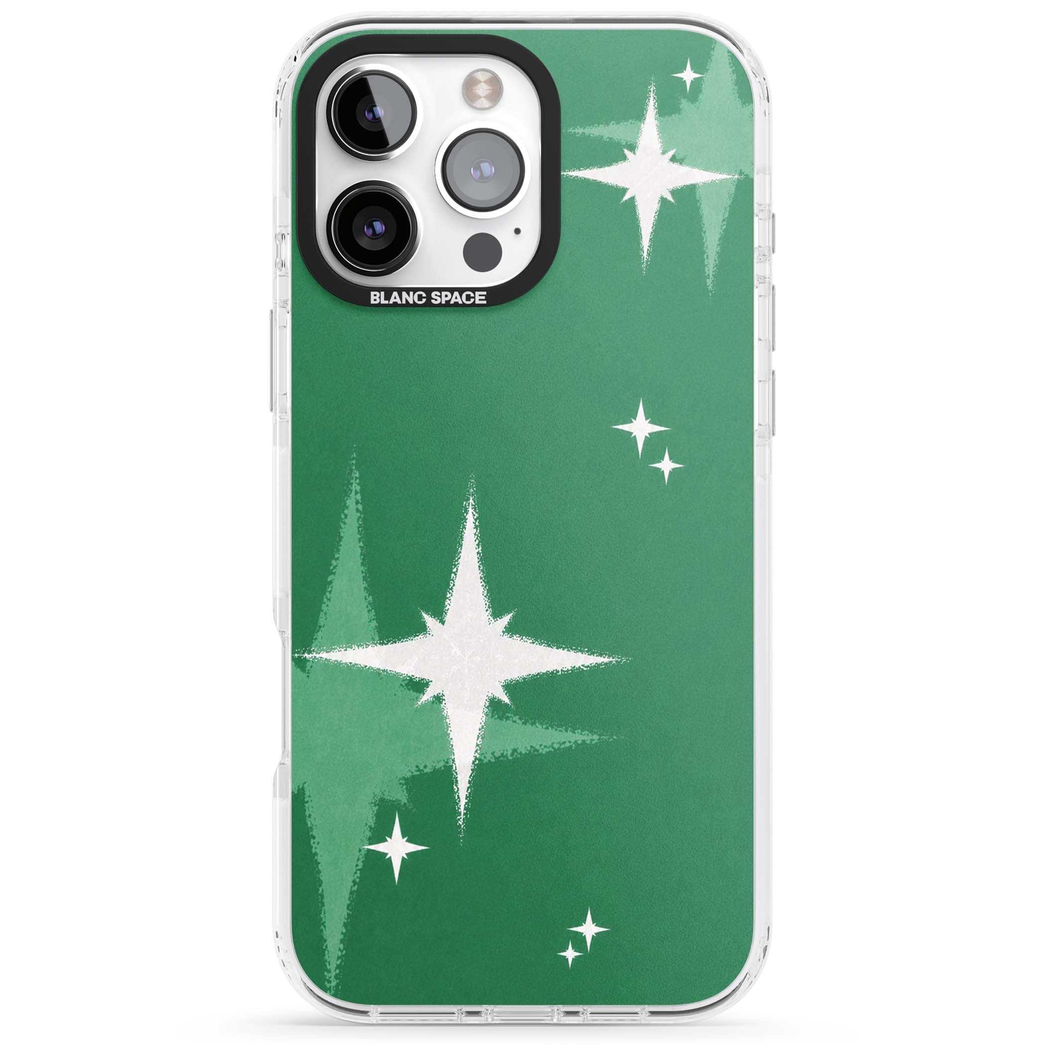 Green Sparkle celestial iPhone case featuring sparkling white four-point stars on a deep green background | Clear Impact case for iPhone 16 Pro, iPhone 16 Pro Max