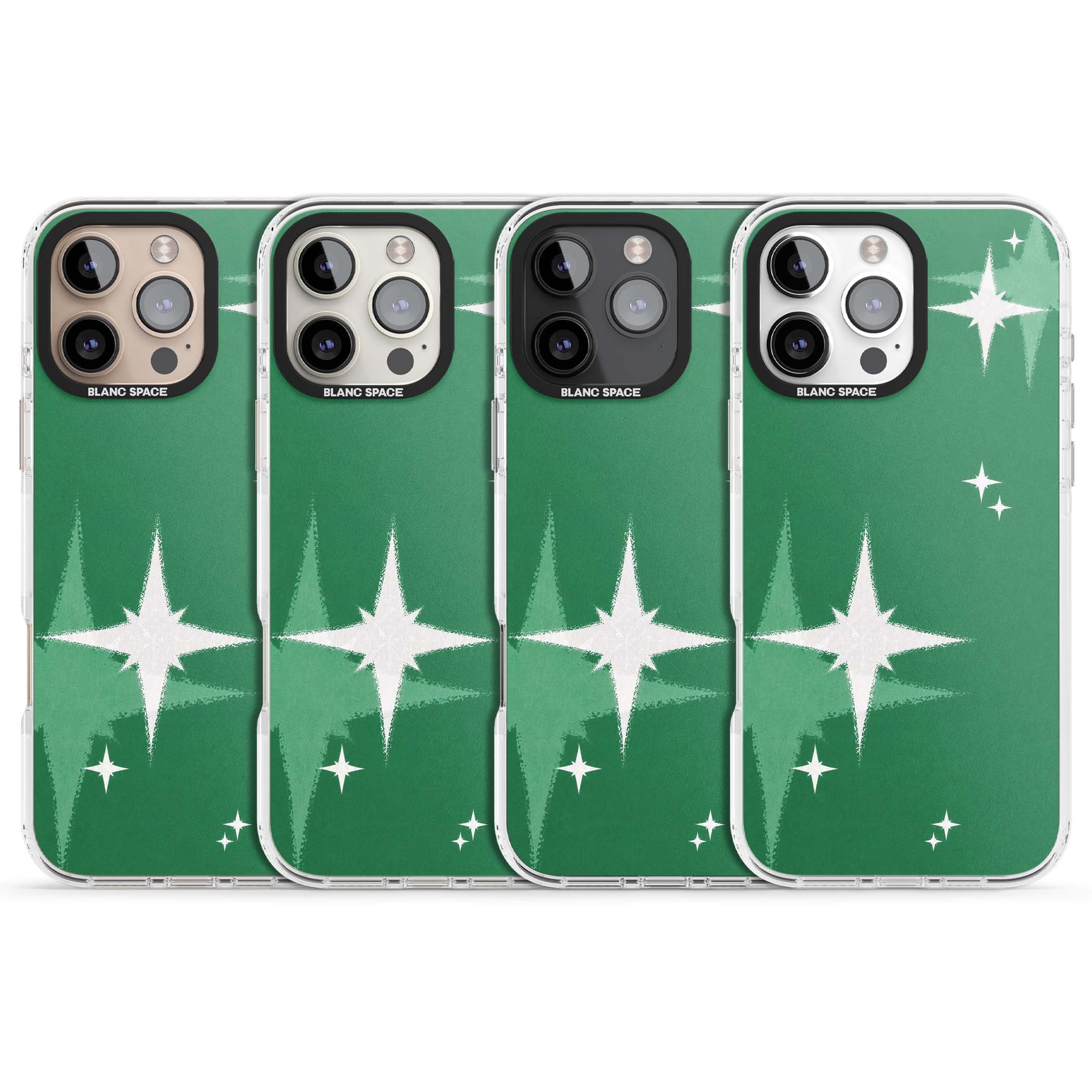 Green Sparkle celestial iPhone case featuring sparkling white four-point stars on a deep green background | Clear Impact case for iPhone 16 Pro, iPhone 16 Pro Max