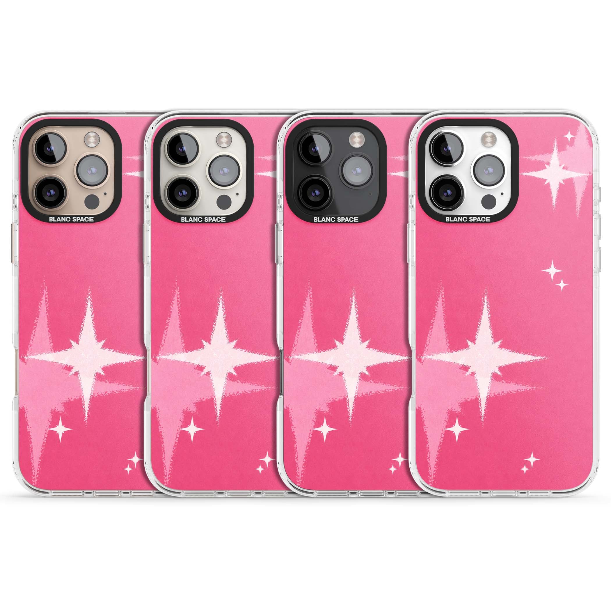 Pink Sparkle Y2K iPhone case featuring hot pink background with shimmering white starburst pattern | Clear Impact case for iPhone 16 Pro, iPhone 16 Pro Max