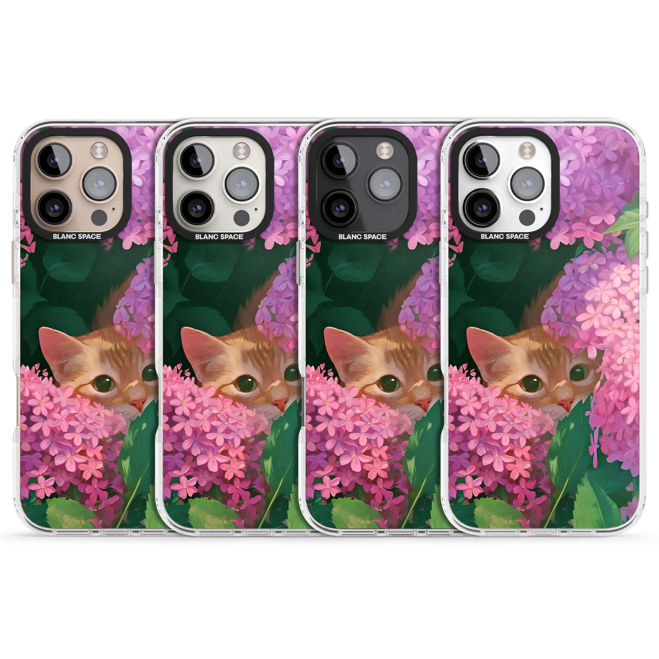 Cat In Pink Flowers cottagecore iPhone case featuring a ginger kitten peeking through lilac and pink hydrangea flo | Clear Impact case for iPhone 16 Pro, iPhone 16 Pro Max