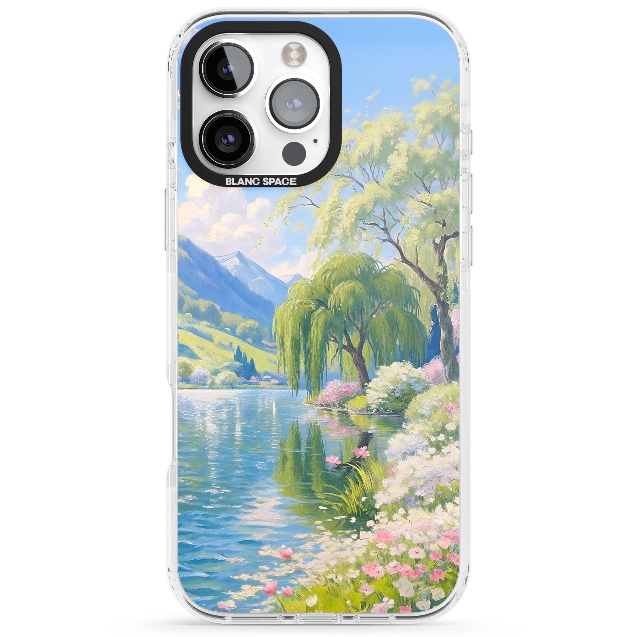 Willow Lake cottagecore iPhone case featuring a painted lakeside with weeping willow, blossoms and distant mountains | Clear Impact case for iPhone 16 Pro, iPhone 16 Pro Max