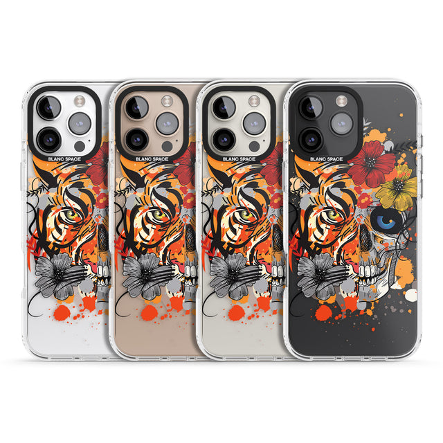 iPhone 16 Pro Max Sugar Skull Tiger Floral Black Impact Phone Case