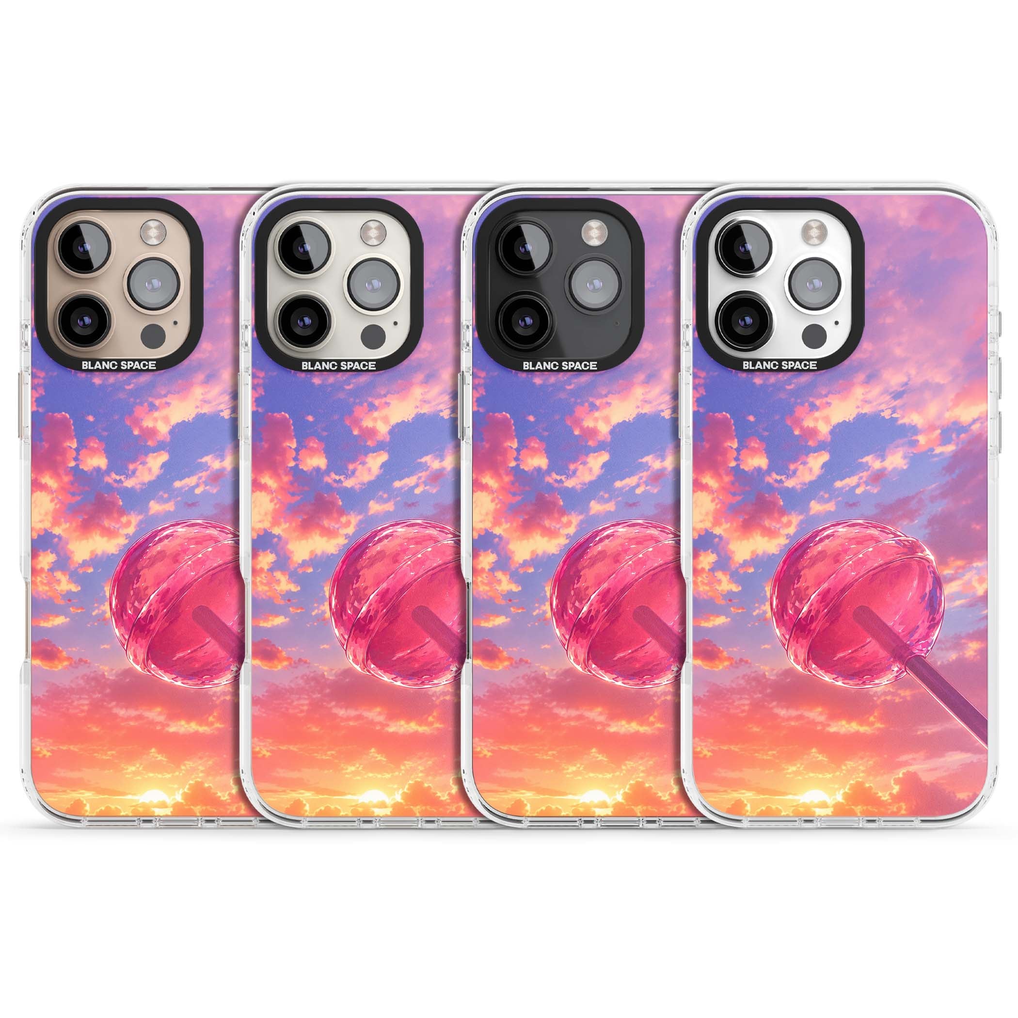 Sugar Sunset candy aesthetic iPhone case featuring a pink lollipop, pastel sunset sky and dreamy clouds | Clear Impact case for iPhone 16 Pro, iPhone 16 Pro Max